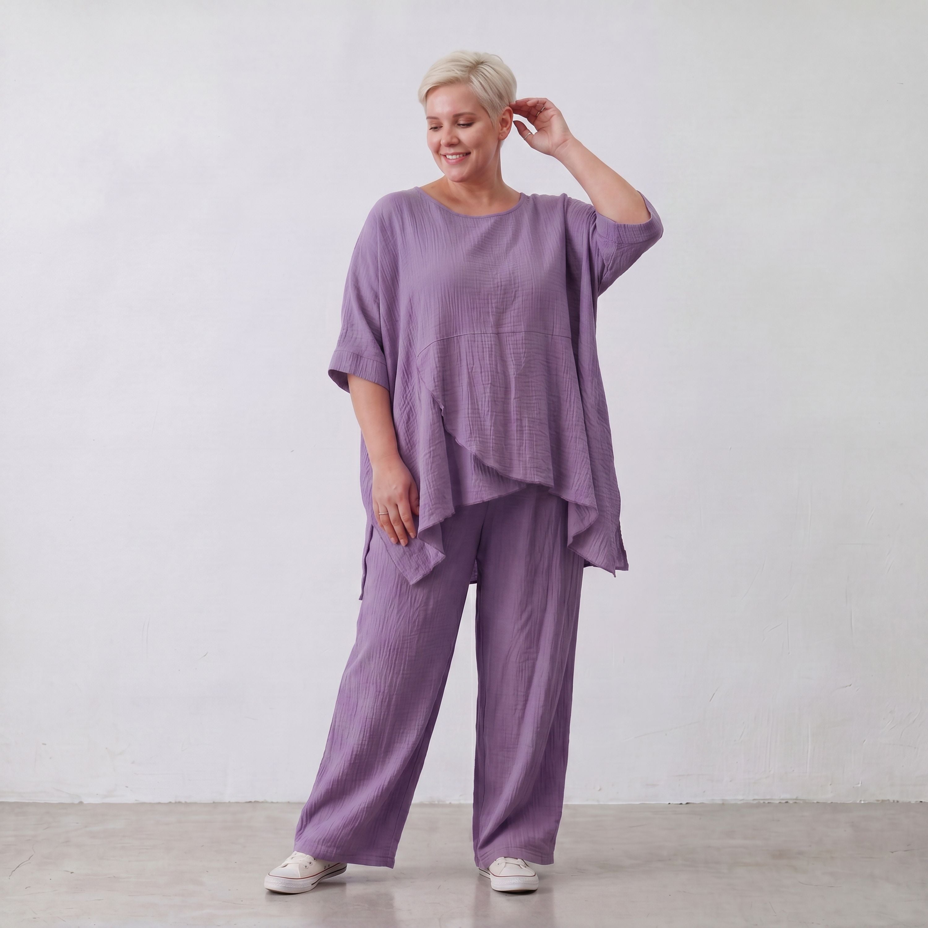 Damen Shirt Lagenlook Viskose Lila, kastiger Schnitt, Kurzarm, Oversize große Größen – AKH Fashion