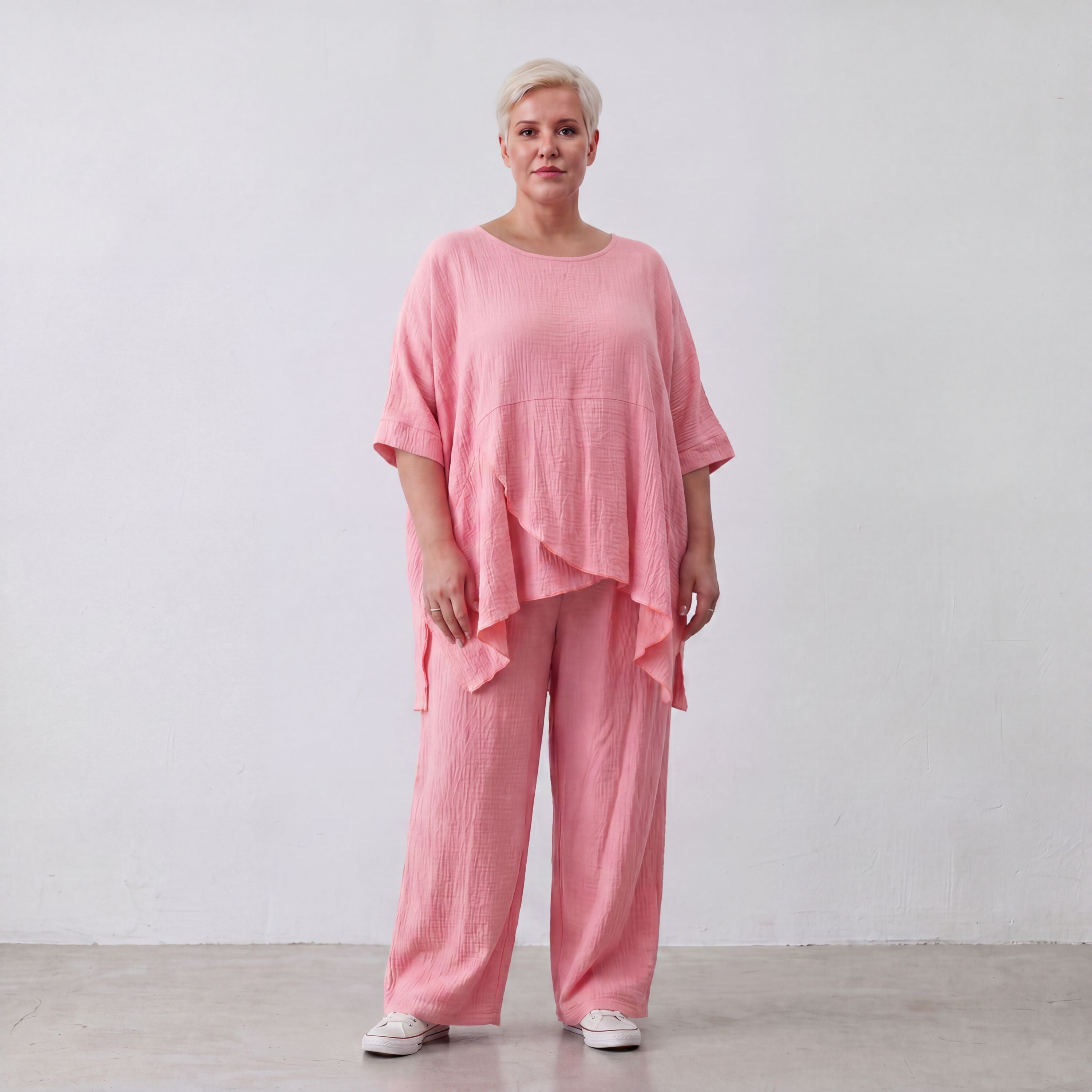 Damen Hose Lagenlook Viskose Rosa, gerader Schnitt, Elastikbund, Oversize große Größen – AKH Fashion