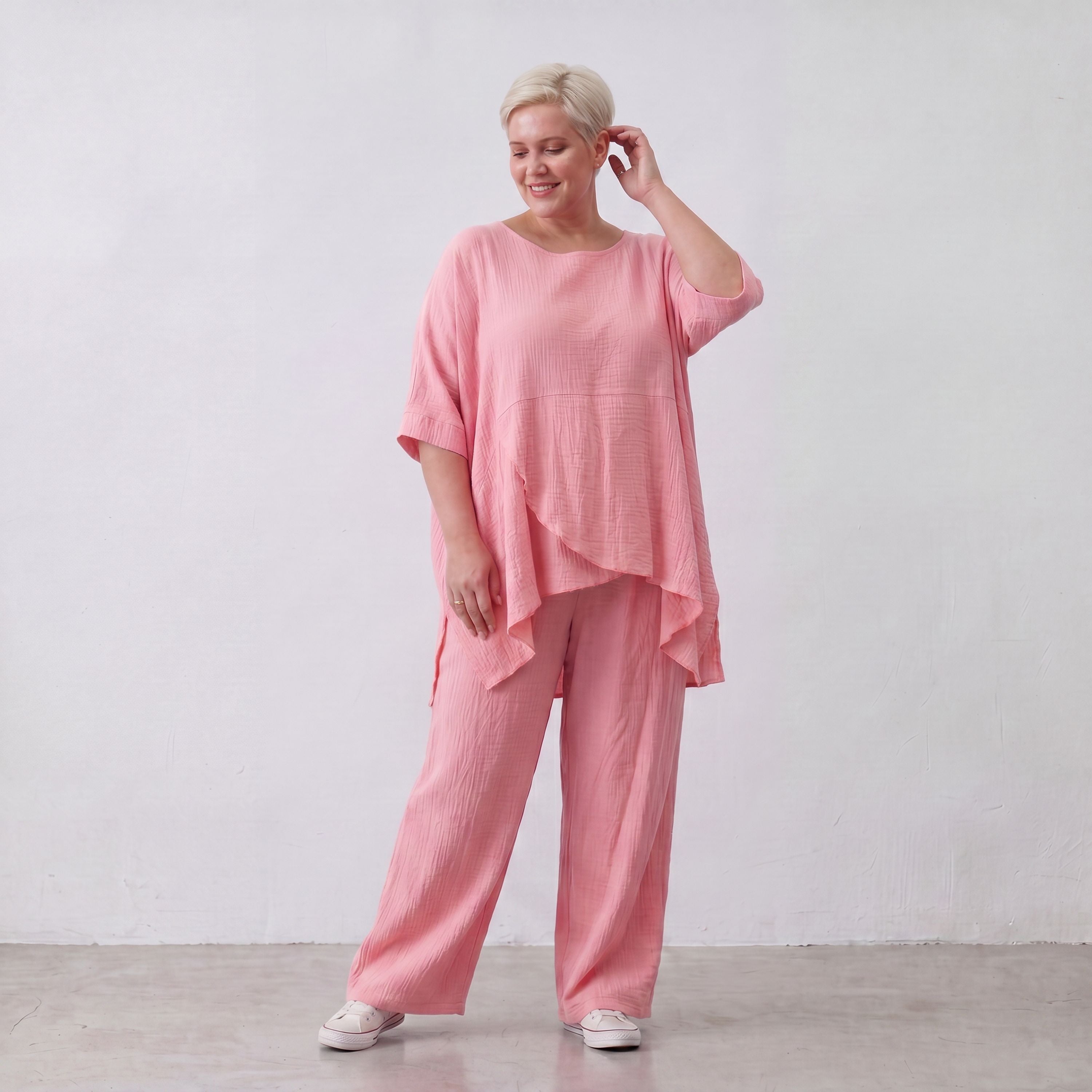 Damen Shirt Lagenlook Viskose Rosa, kastiger Schnitt, Kurzarm, Oversize große Größen – AKH Fashion