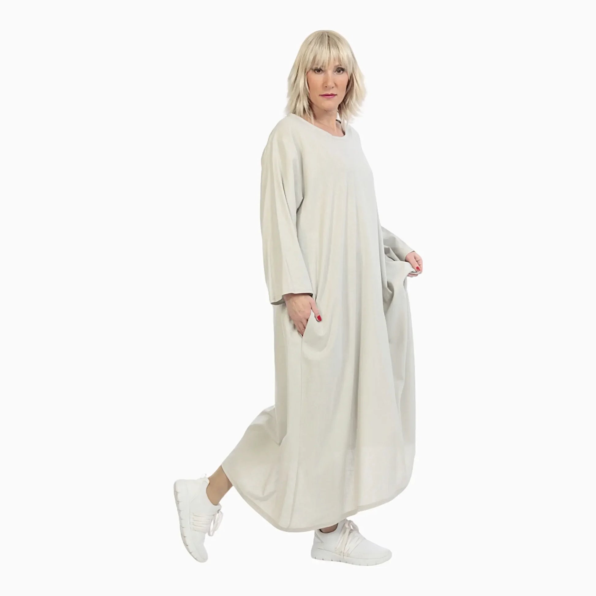  A-Form Oversize Kleid in elegantem Grau mit Rundhalsausschnitt und praktischen Taschen