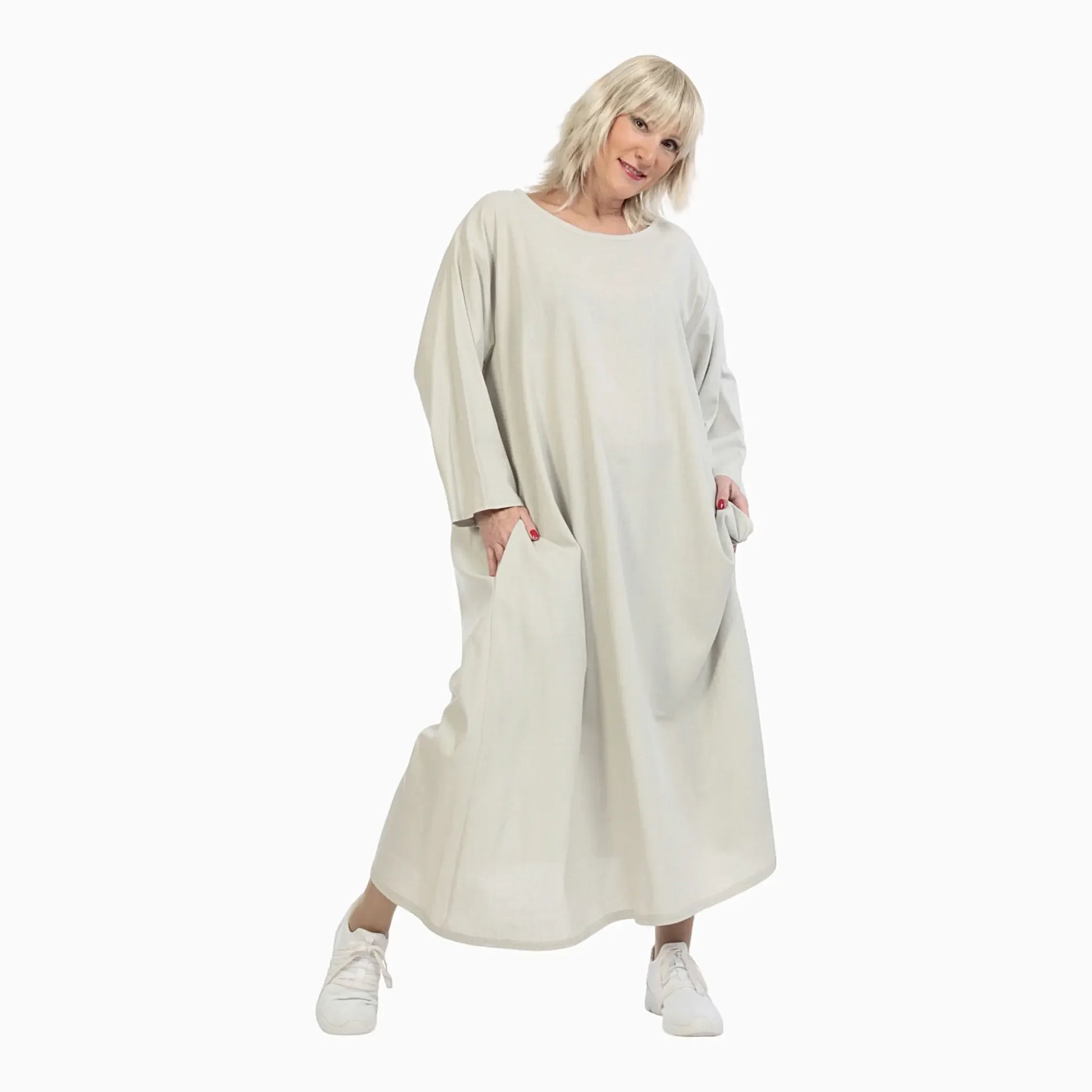  A-Form Oversize Kleid in elegantem Grau mit Rundhalsausschnitt und praktischen Taschen