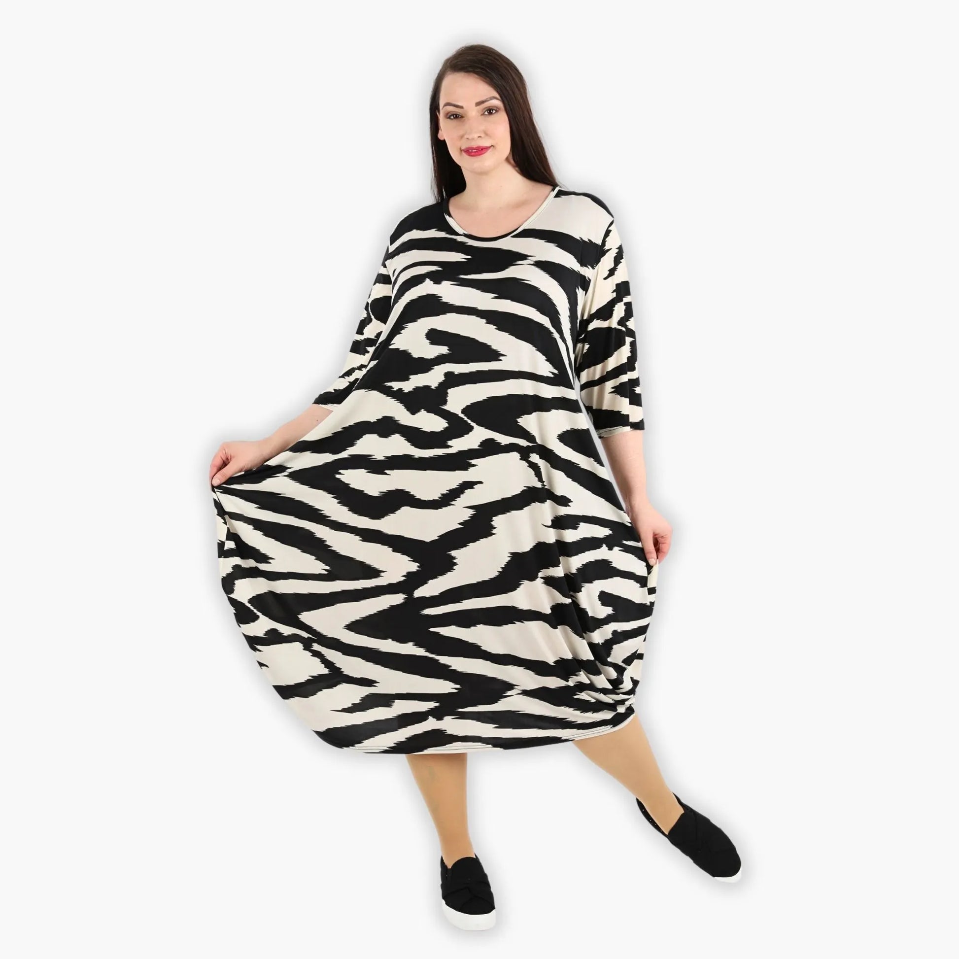  Ballonkleid von AKH Fashion aus Viskose, 1291.01926, Ecru-Schwarz, Zebra, Schick, Modern