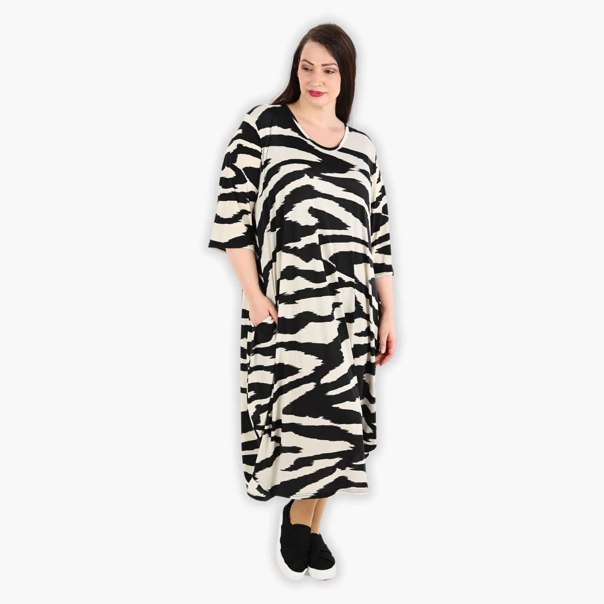  Ballonkleid von AKH Fashion aus Viskose, 1291.01926, Ecru-Schwarz, Zebra, Schick, Modern