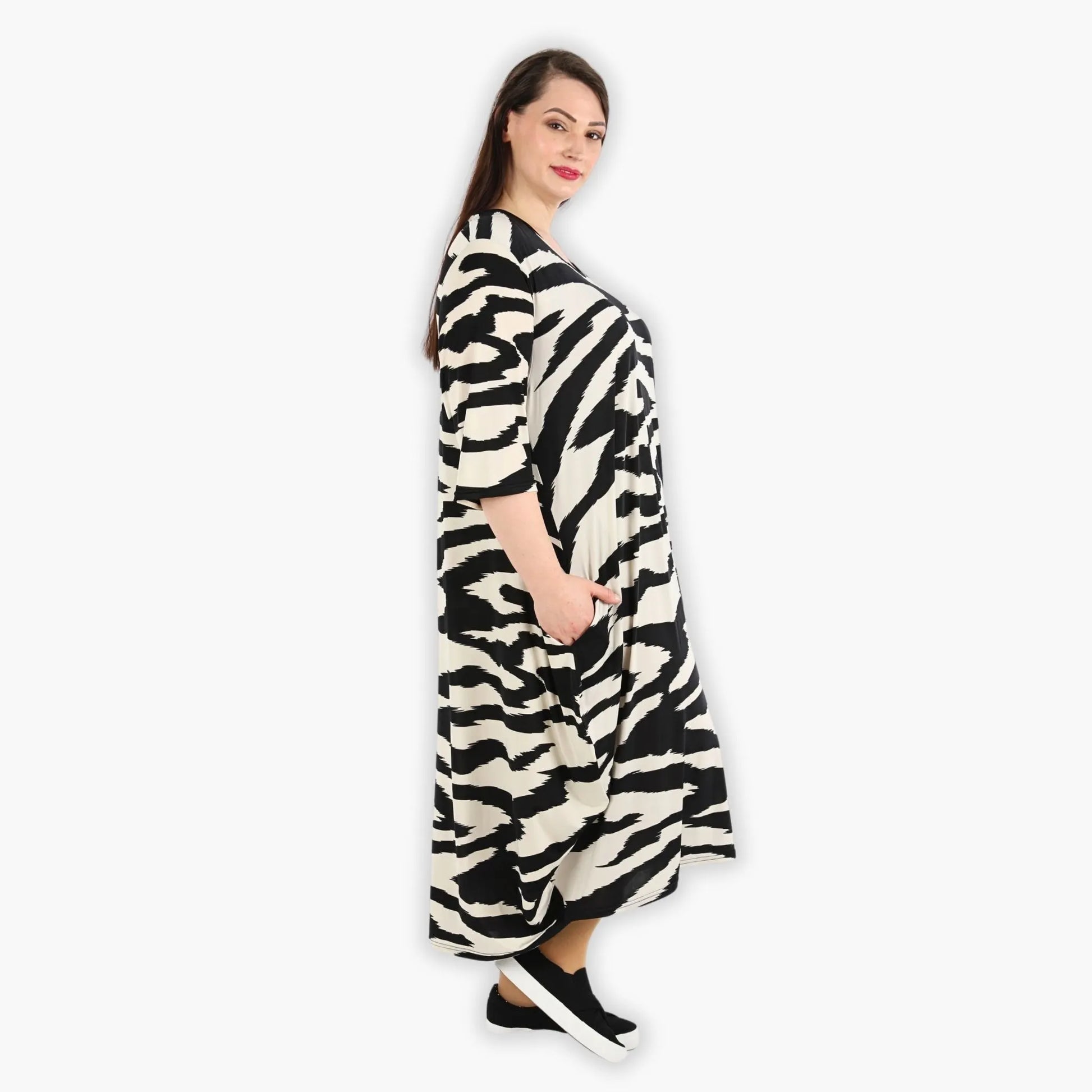  Ballonkleid von AKH Fashion aus Viskose, 1291.01926, Ecru-Schwarz, Zebra, Schick, Modern