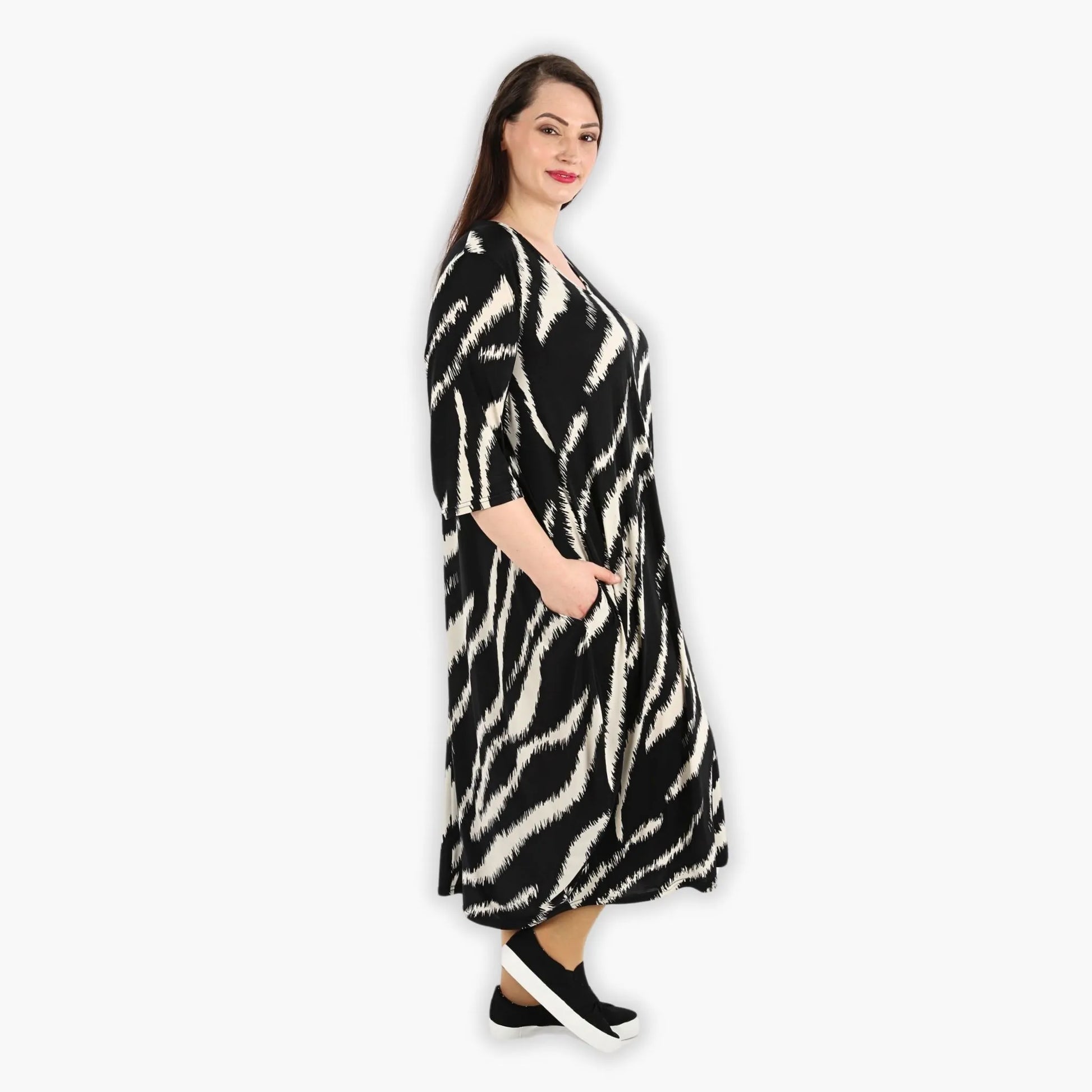  Ballonkleid von AKH Fashion aus Viskose, 1293.01926, Schwarz-Ecru, Zebra, Schick, Modern