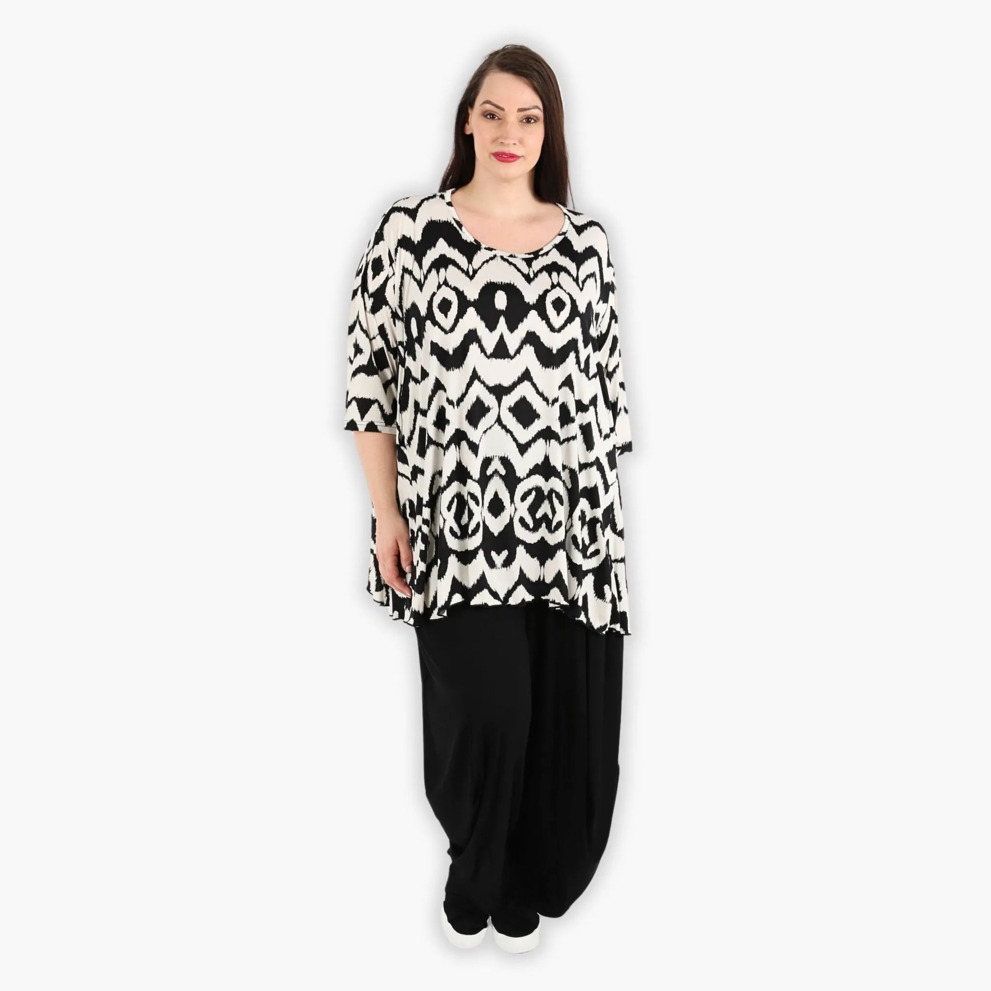  A-Form Bigshirt von AKH Fashion aus Viskose, 1294.00593, Ecru-Schwarz, Grafik, Ausgefallen