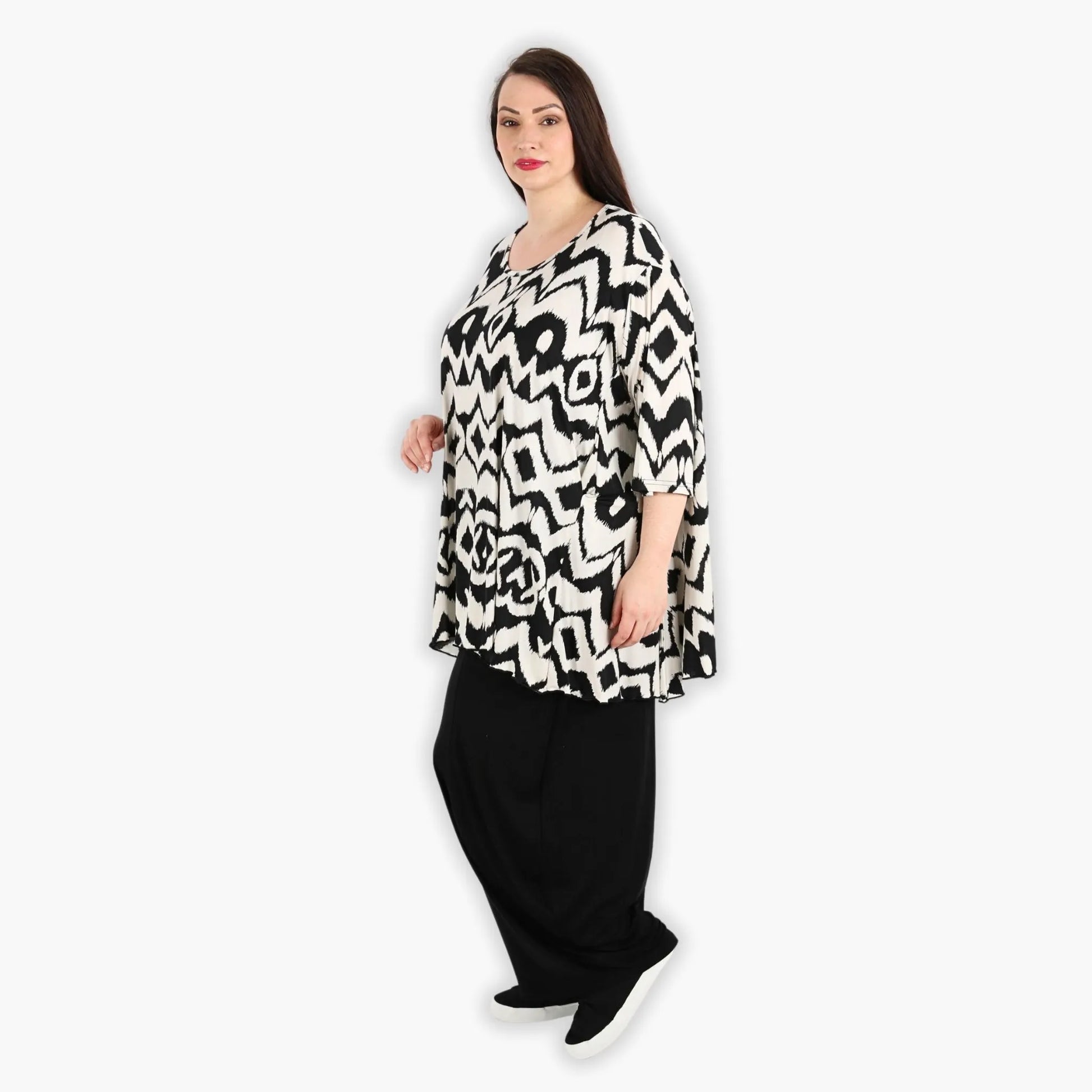  A-Form Bigshirt von AKH Fashion aus Viskose, 1294.00593, Ecru-Schwarz, Grafik, Ausgefallen