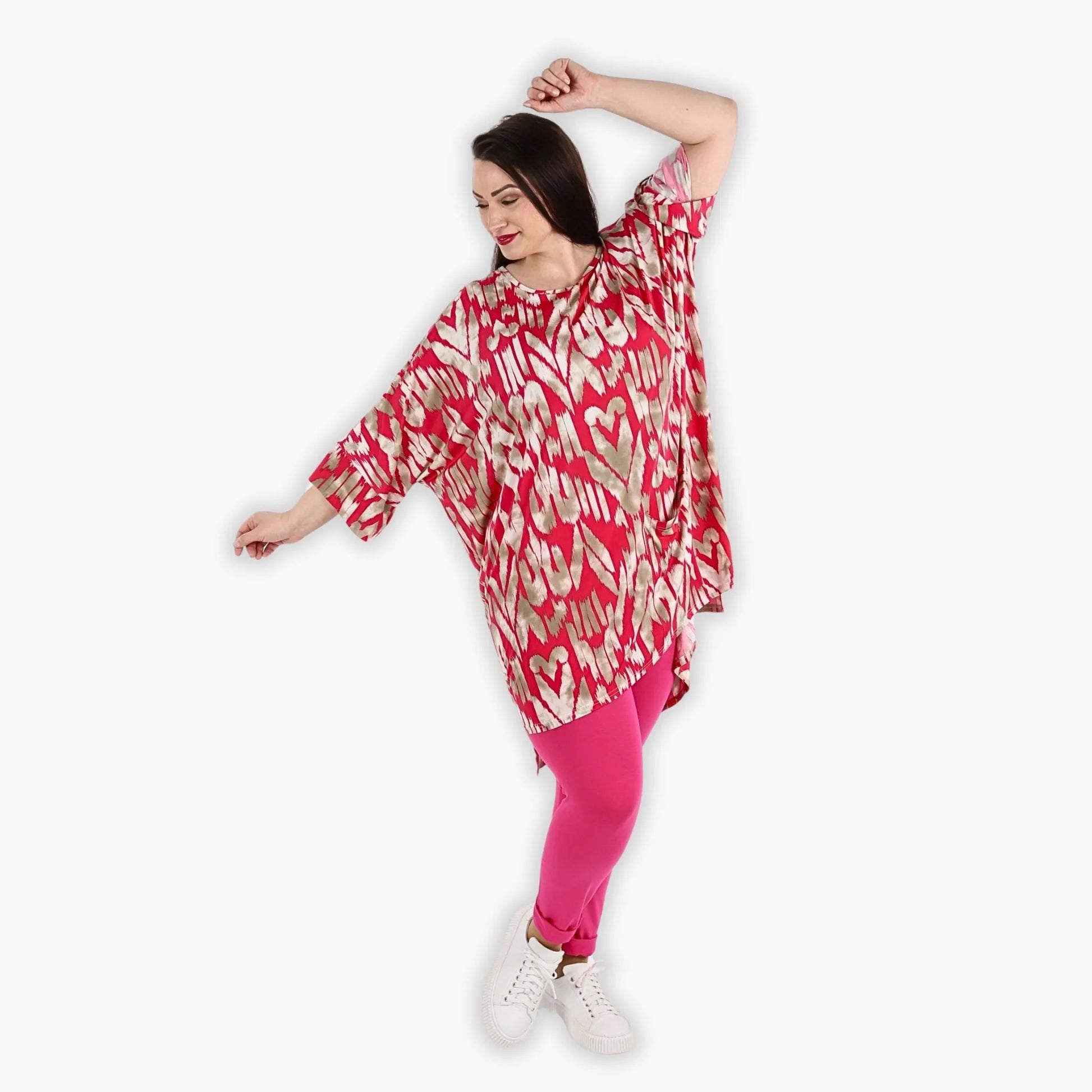  Bigshirt von AKH Fashion aus Viskose in gerader Form, 1296.06925, Fuchsia-Beige, Ausgefallen