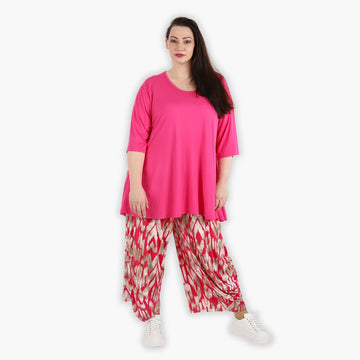  Lässige Ballonhose mit fuchsia-beigem Grafikmuster aus leichtem Viskose-Slinky für plus Size