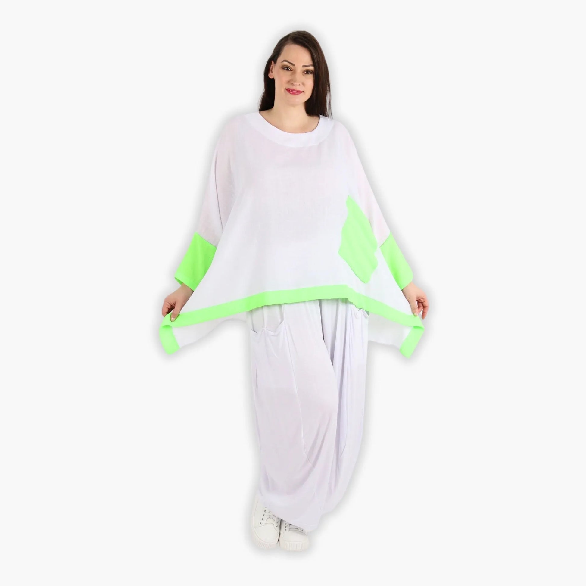  A-Form Bigshirt von AKH Fashion aus Viskose, 1305.02413, Weiß-Neongrün, Unifarben, Schick