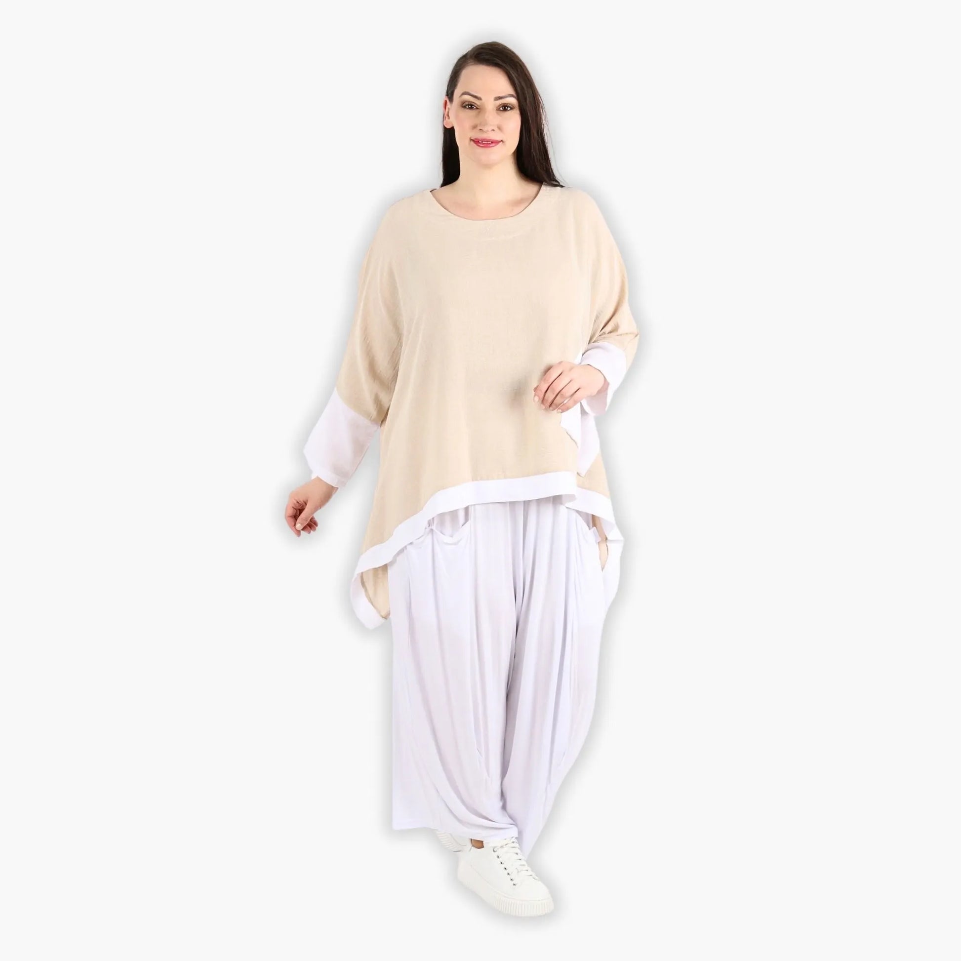  A-Form Bigshirt von AKH Fashion aus Viskose, 1305.02413, Taupe-Weiß, Unifarben, Ausgefallen