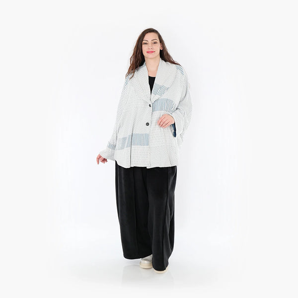  AKH Fashion Jacke in gerundeter Form, aus Viskose, 1377.00140, Blau-Ecru, Gerippt, Schick