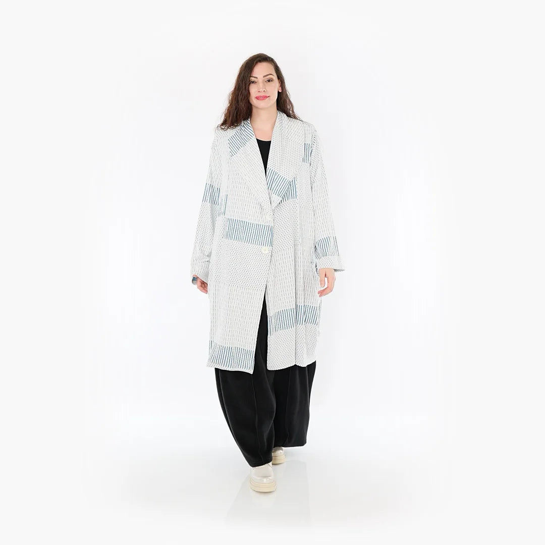  Ballonmantel von AKH Fashion aus Viskose, 1377.02494, Blau-Ecru, Gerippt, Schick, Modern