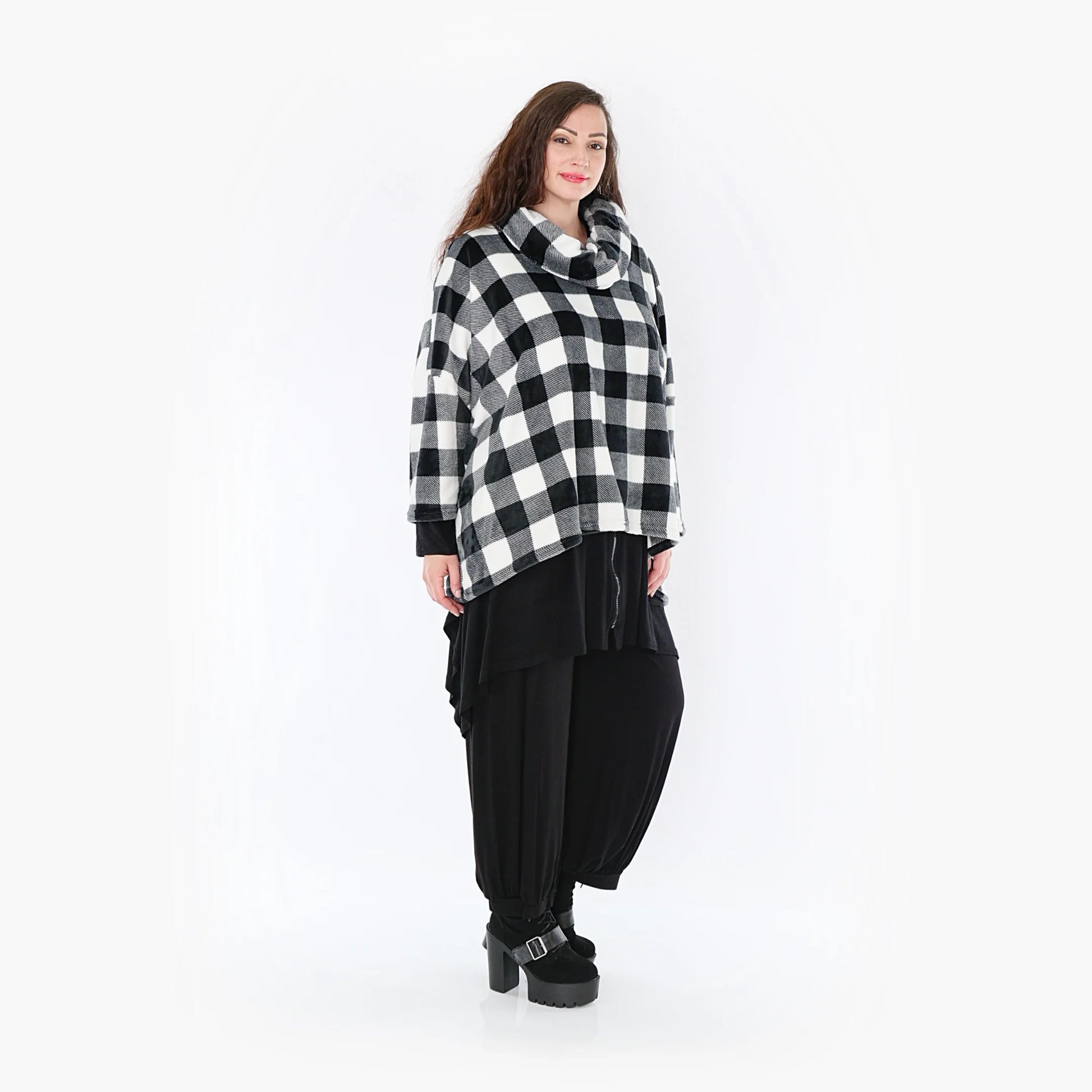  Oversized Rollkragenpullover aus kuscheligem Fleece im karrierten Design für lässige Looks