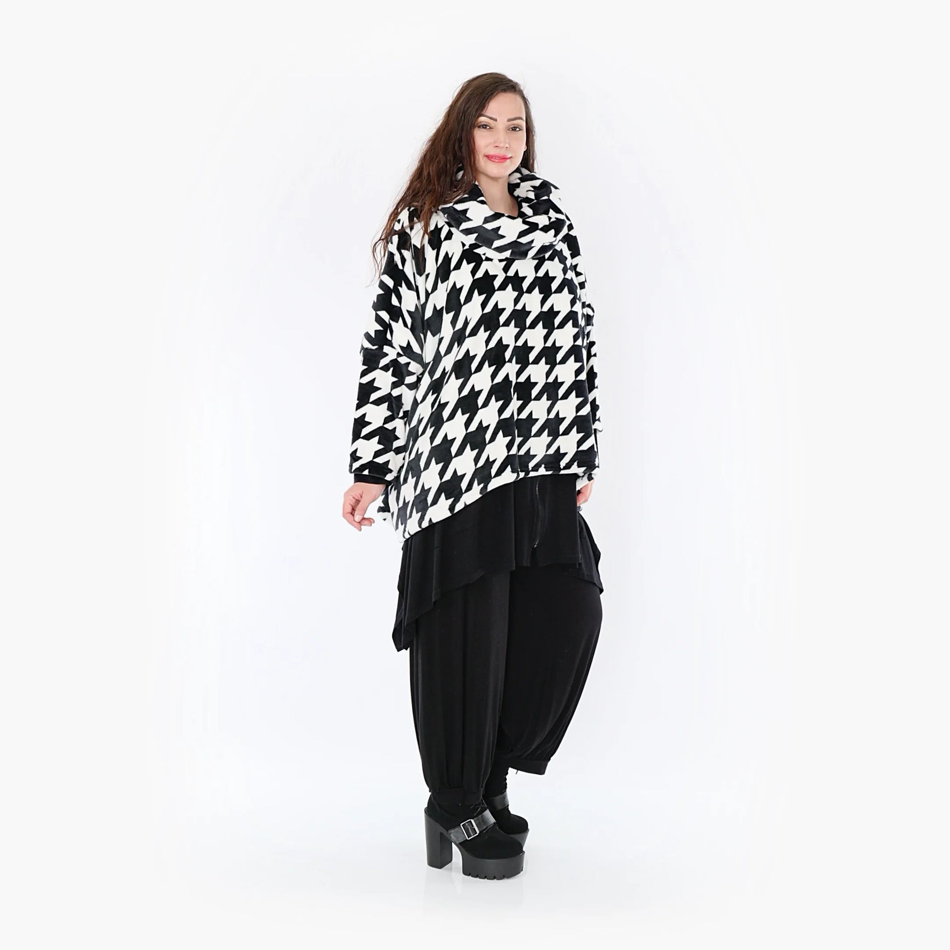  Stylischer Rollkragenpullover mit kuscheligem Plüsch-Fleece im Hahnentritt-Muster für Plus Size