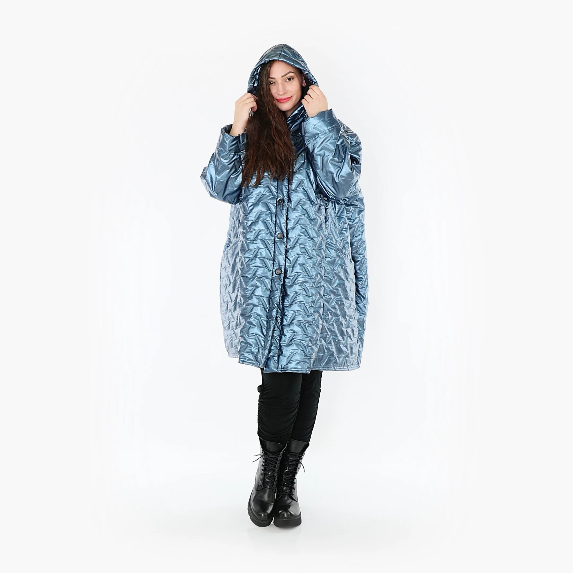  Trendige Steppjacke in elegantem Eisblau mit Ballonschnitt und gestreiftem Muster für Plus-Size