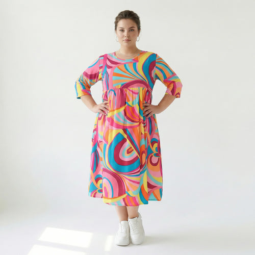  Ballonkleid von AKH Fashion aus Baumwolle, 1508.06698, Rosa/Multi, Abstrakt, Ausgefallen
