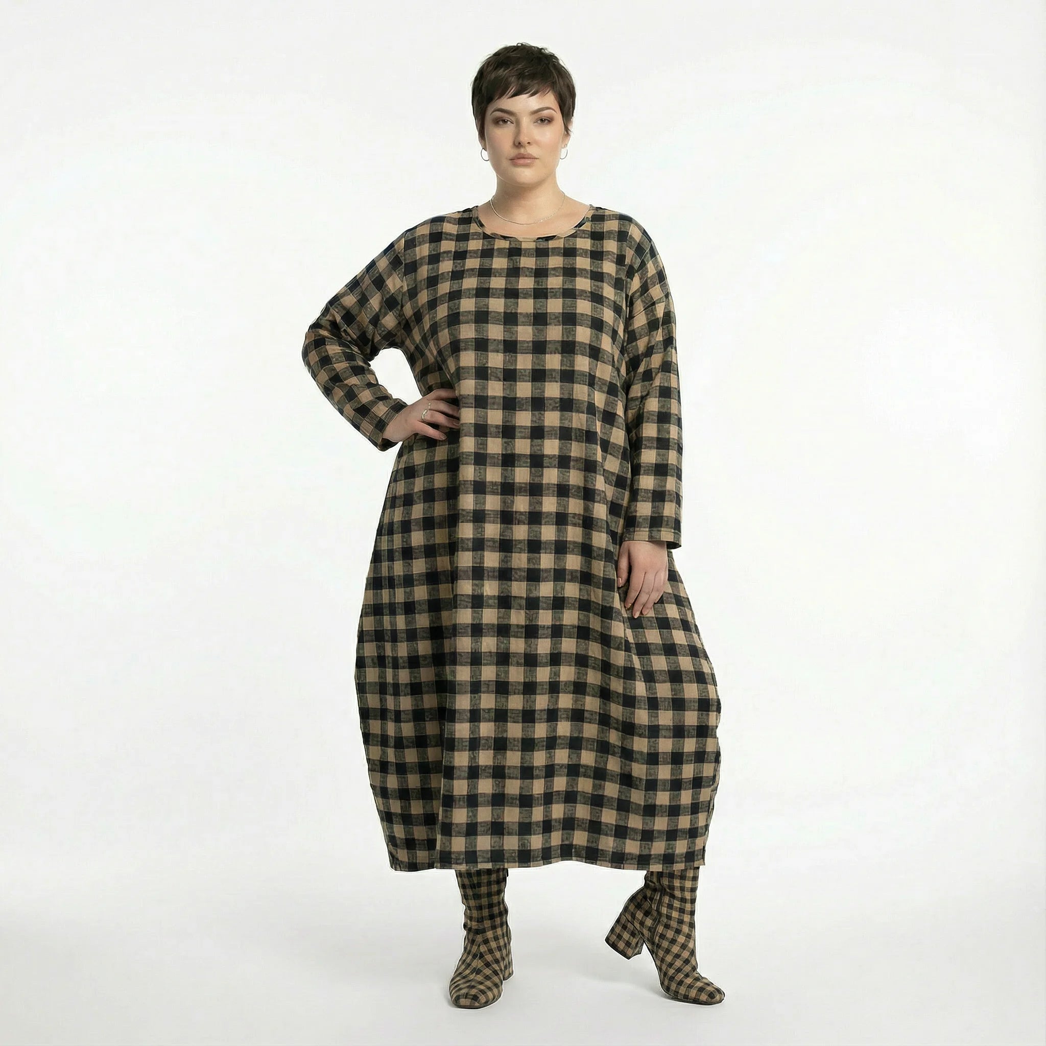  Ballonkleid von AKH Fashion aus Polyester, 1562.01926, Sand/Schwarz, Kariert, Ausgefallen
