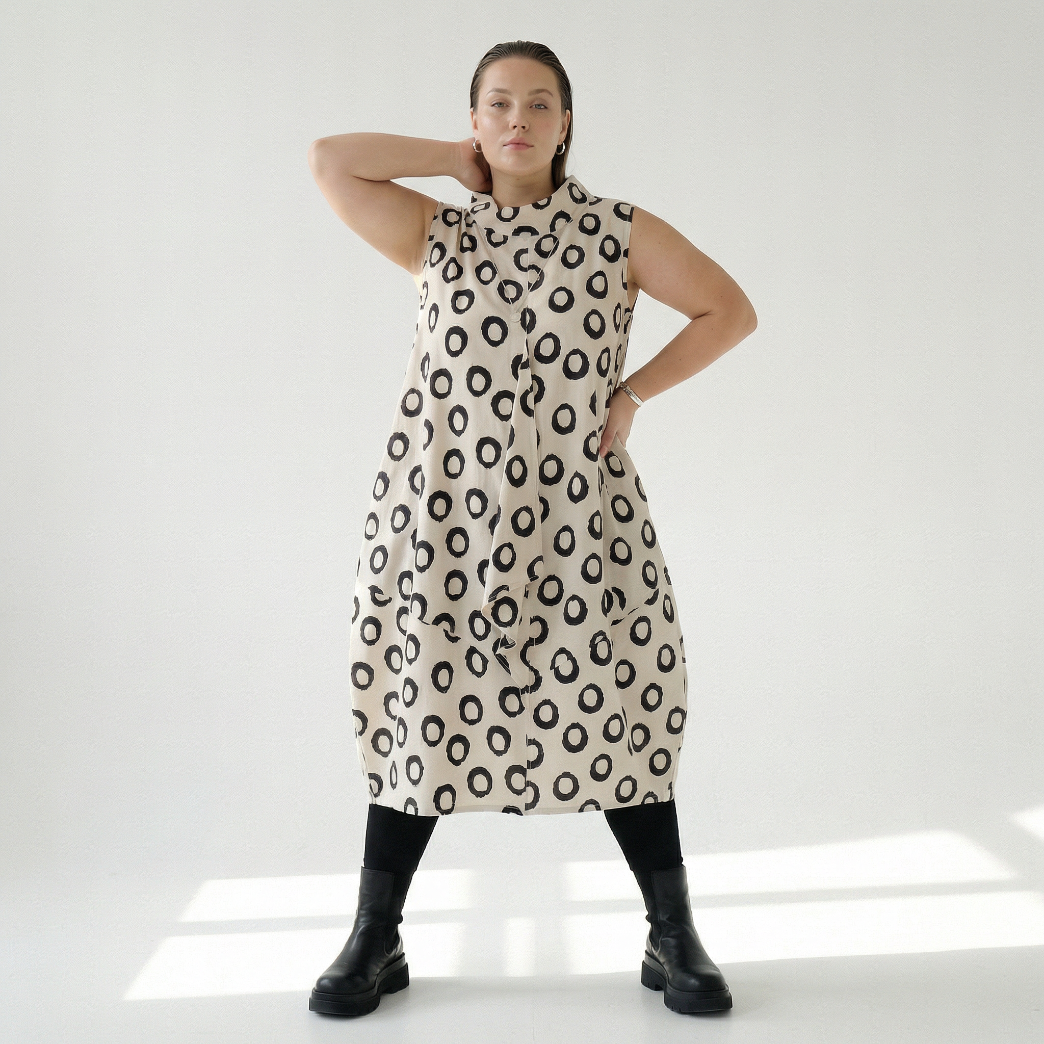  Ballonkleid von AKH Fashion aus Baumwolle, 1577.07072, Ecru/Schwarz, Punkte, Ausgefallen