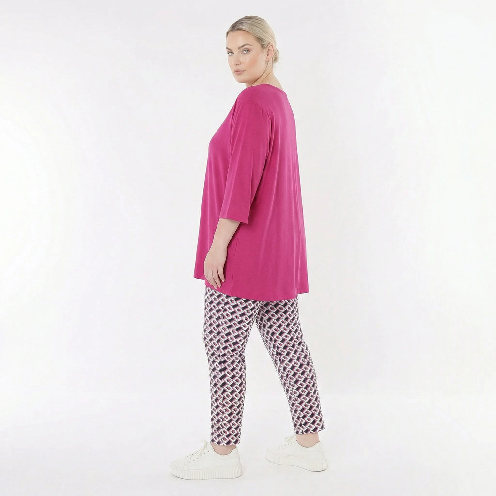 Abstrakte Karottenhose im ausgefallen legeren Lagenlook aus stretchigem Bengaline Material, Marine/Fuchsia/Weiß