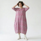 Luftig leichtes Oversize Kleid im Ballon Lagenlook mit ausgefallenen Blockstreifen, Fuchsia/Mint