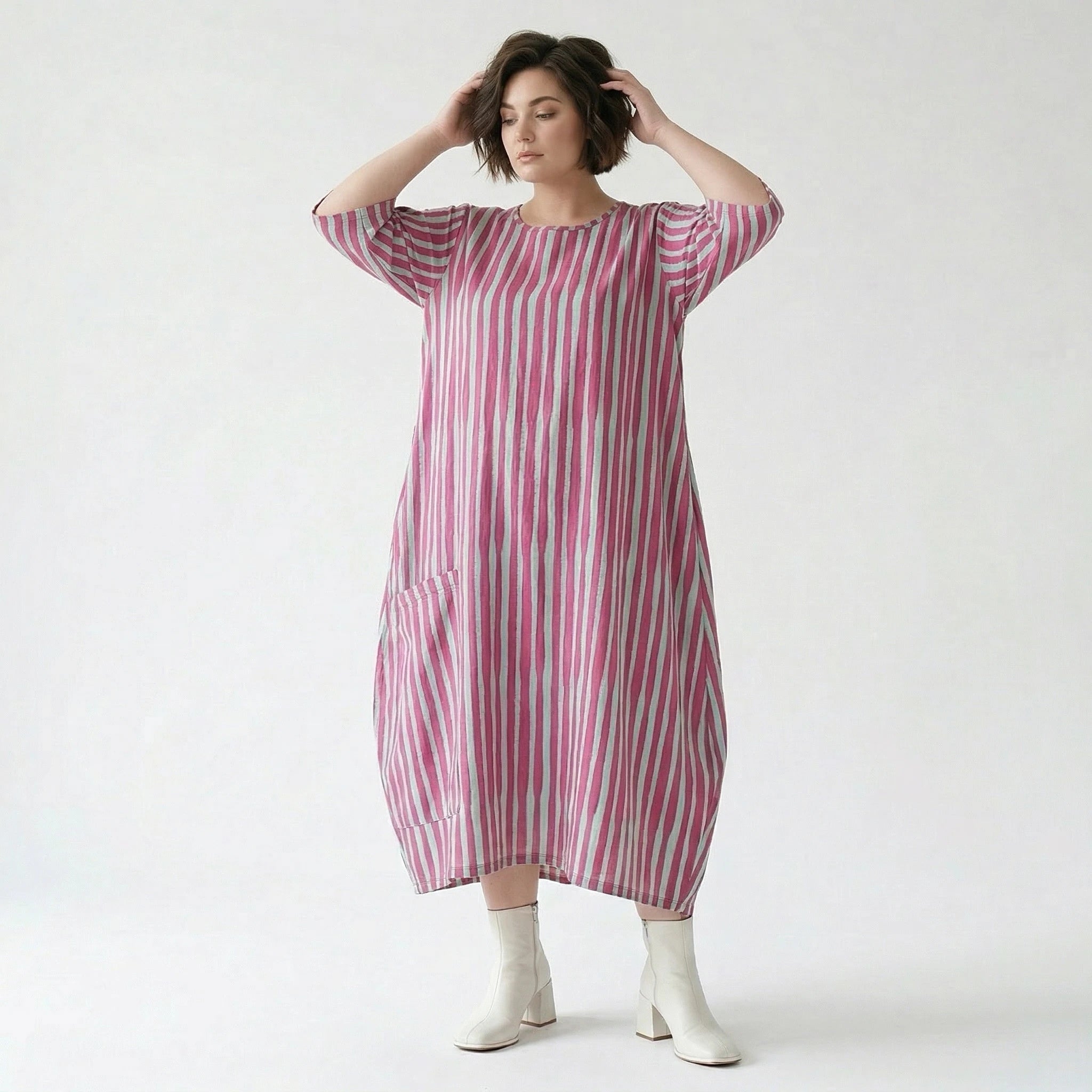 Luftig leichtes Oversize Kleid im Ballon Lagenlook mit ausgefallenen Blockstreifen, Fuchsia/Mint