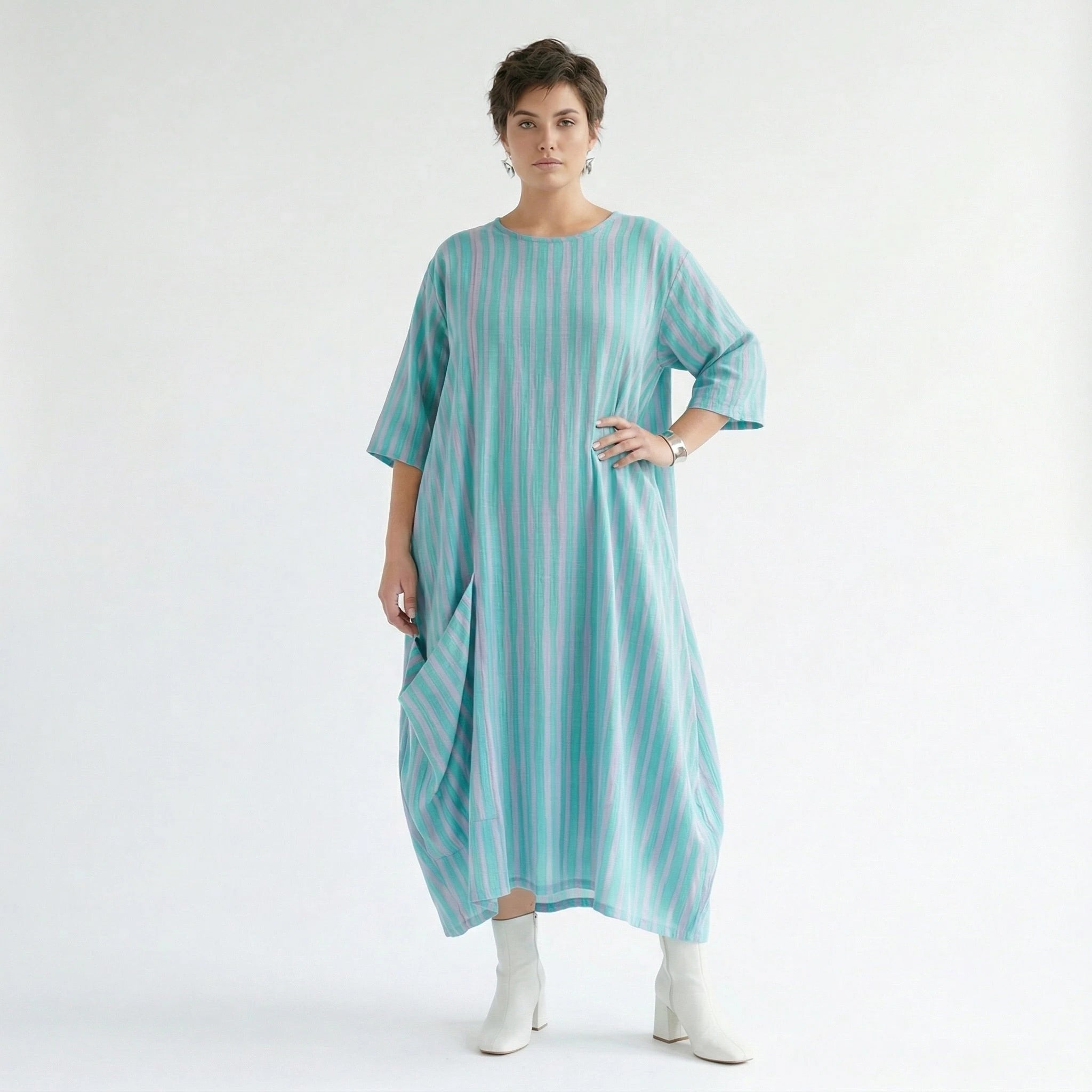 Mit luftig leichtem Lagenlook im ausgefallenen Oversize Style, Blockstreifen, zeitlos, Grün/Flieder