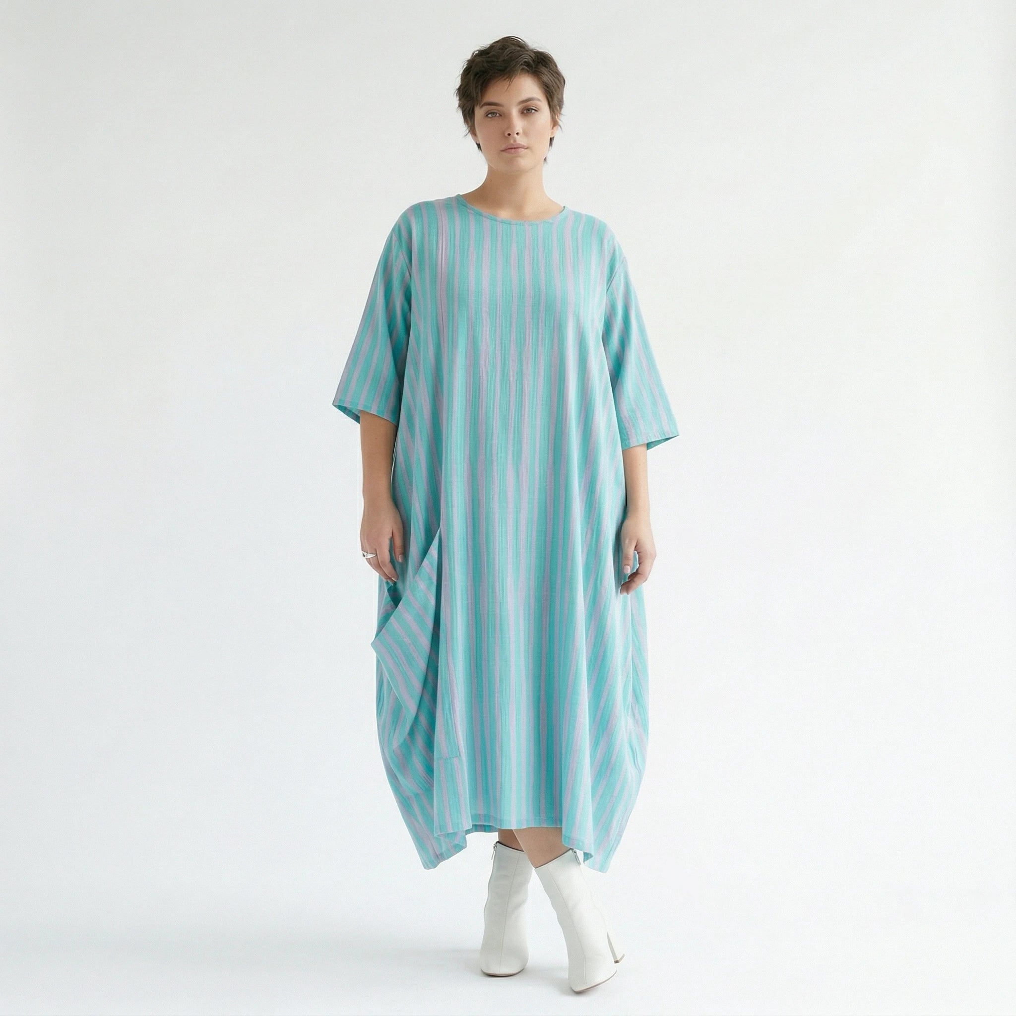 Mit luftig leichtem Lagenlook im ausgefallenen Oversize Style, Blockstreifen, zeitlos, Grün/Flieder