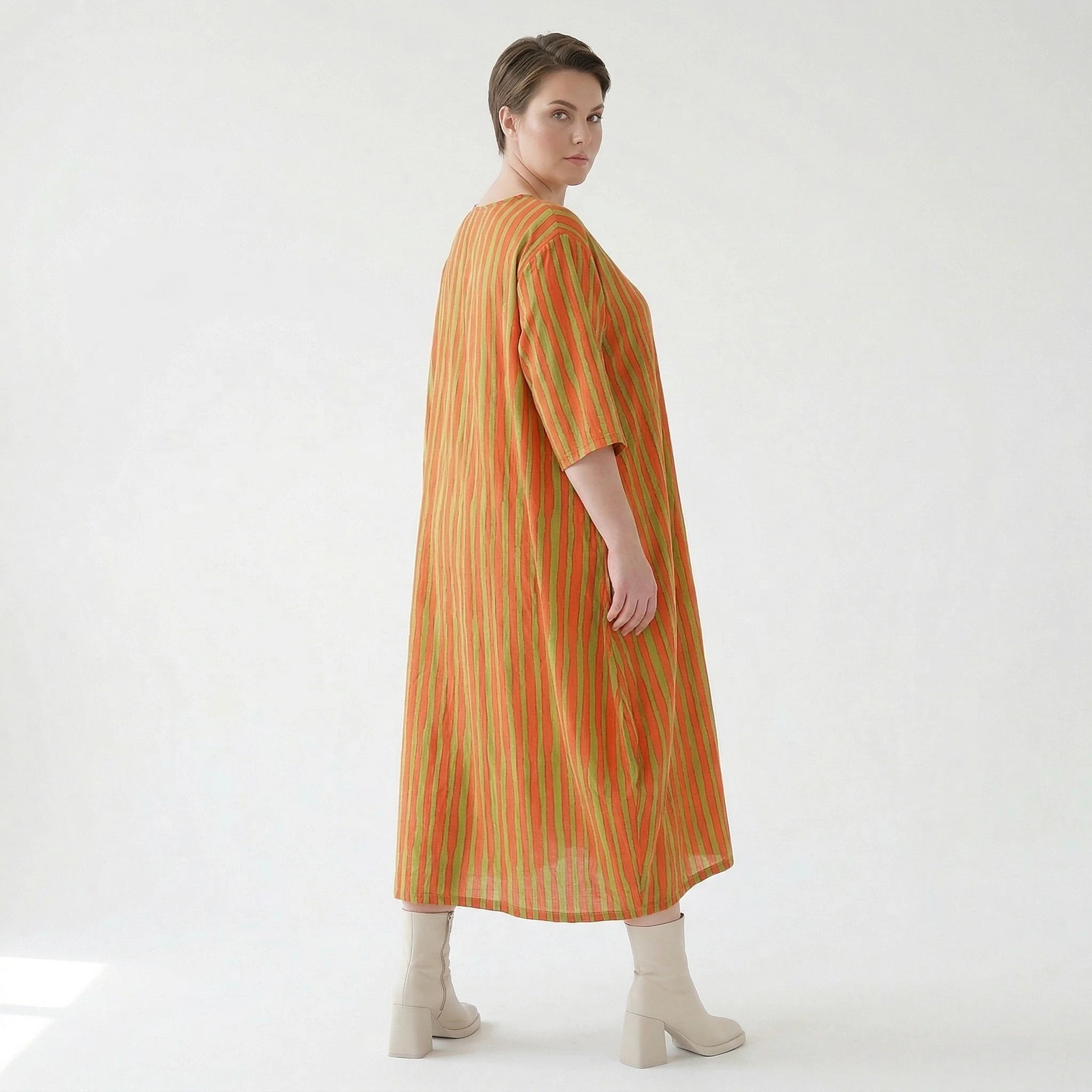 Luftiges Ballon Kleid im Lagenlook mit ausgefallenen Blockstreifen und zeitloser Leinen Optik, Orange/Apfelgrün