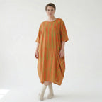 Luftiges Ballon Kleid im Lagenlook mit ausgefallenen Blockstreifen und zeitloser Leinen Optik, Orange/Apfelgrün
