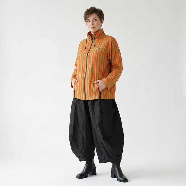 Luftige Oversize Jacke im Lagenlook aus Baumwolle und Viskose mit Blockstreifen, Orange/Apfelgrün