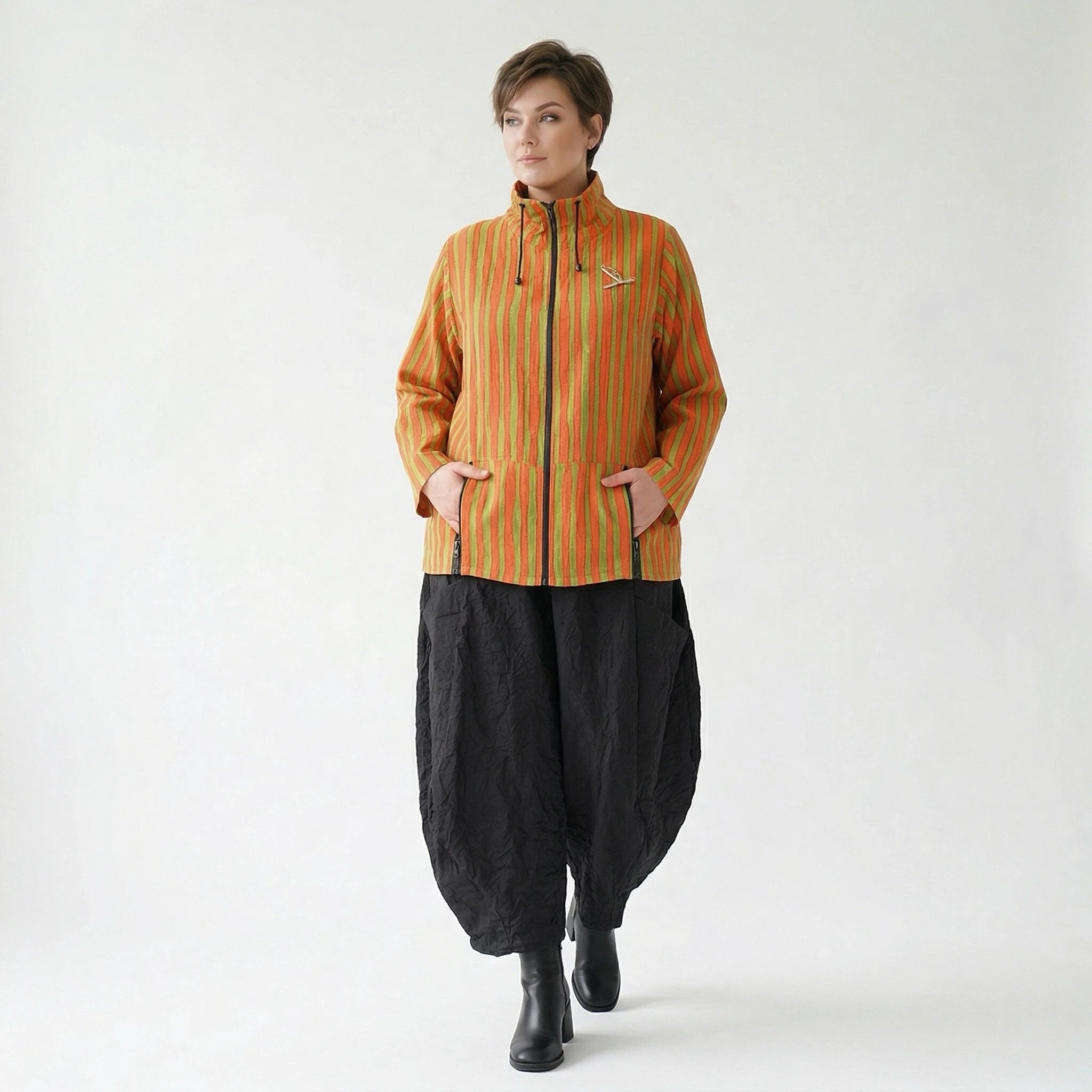 Luftige Oversize Jacke im Lagenlook aus Baumwolle und Viskose mit Blockstreifen, Orange/Apfelgrün