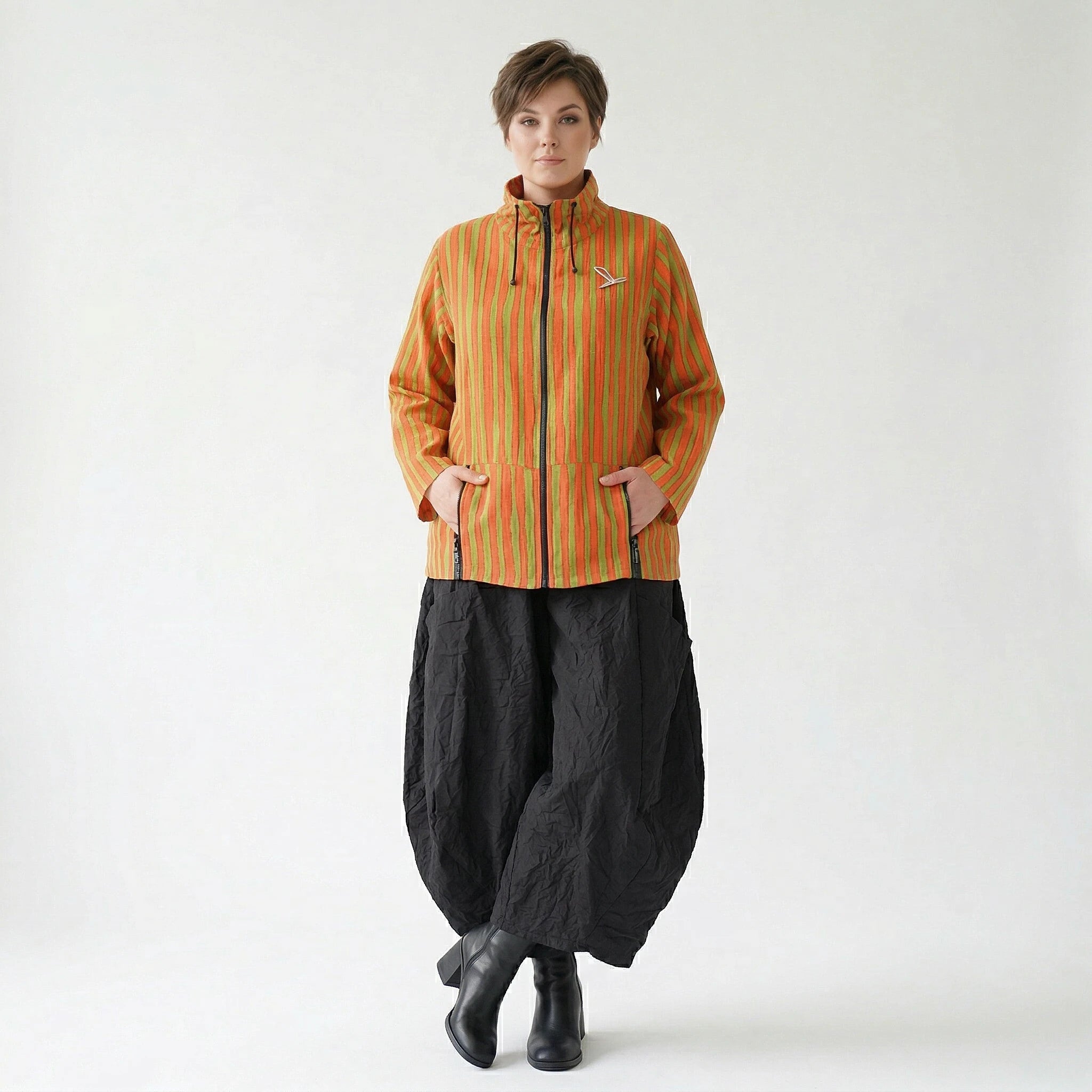 Luftige Oversize Jacke im Lagenlook aus Baumwolle und Viskose mit Blockstreifen, Orange/Apfelgrün