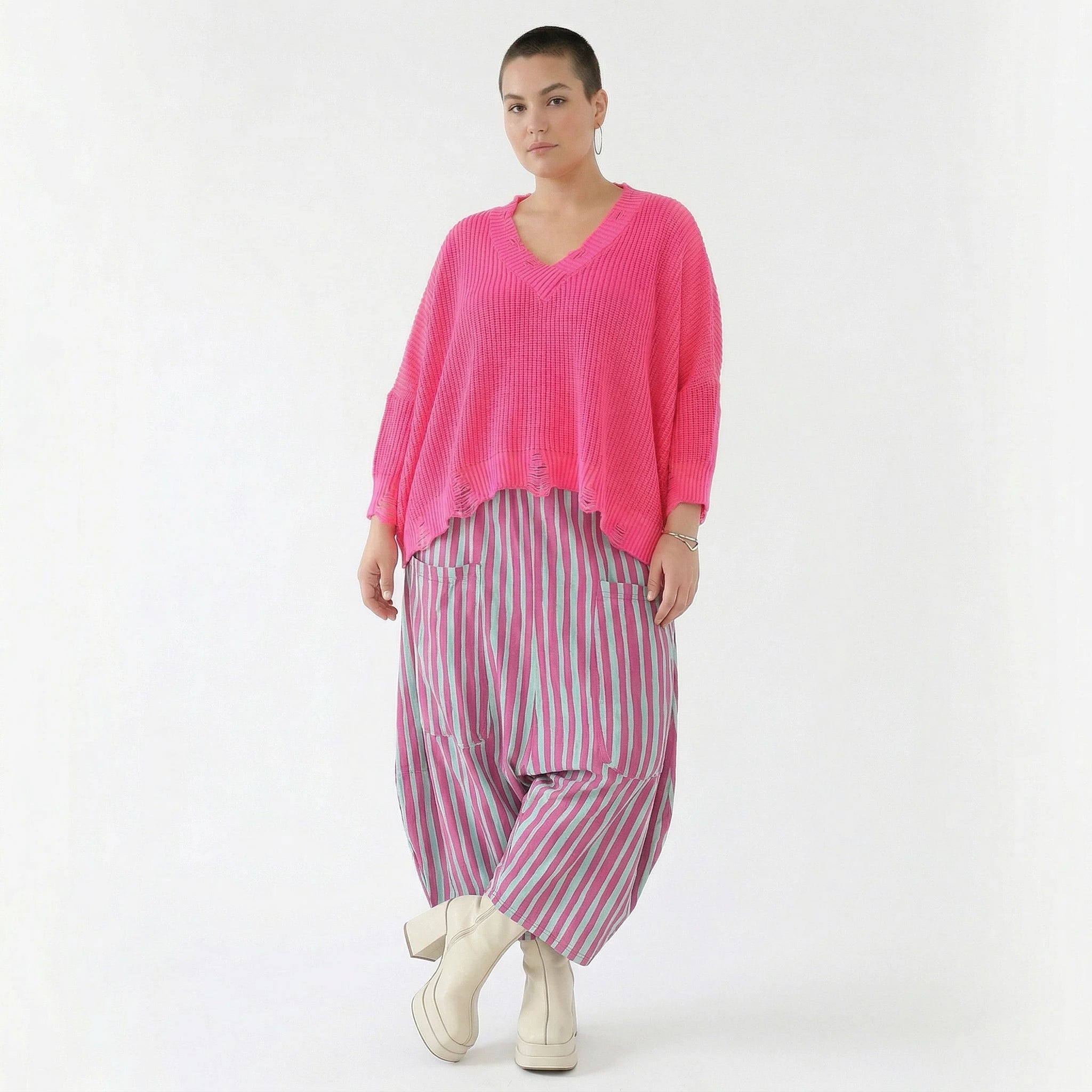Luftige Harem Hose im legeren Lagenlook mit tiefem Schritt und ausgefallenem Blockstreifen, Fuchsia/Mint
