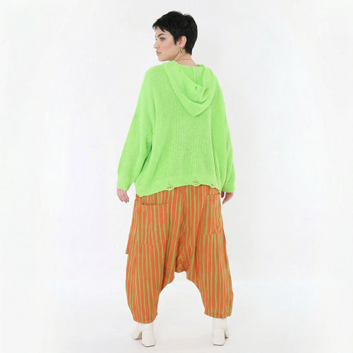 Leicht fließende Lagenlook Harem Hose mit Blockstreifen, luftigem Oversize Schnitt, Orange/Apfelgrün