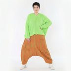 Leicht fließende Lagenlook Harem Hose mit Blockstreifen, luftigem Oversize Schnitt, Orange/Apfelgrün