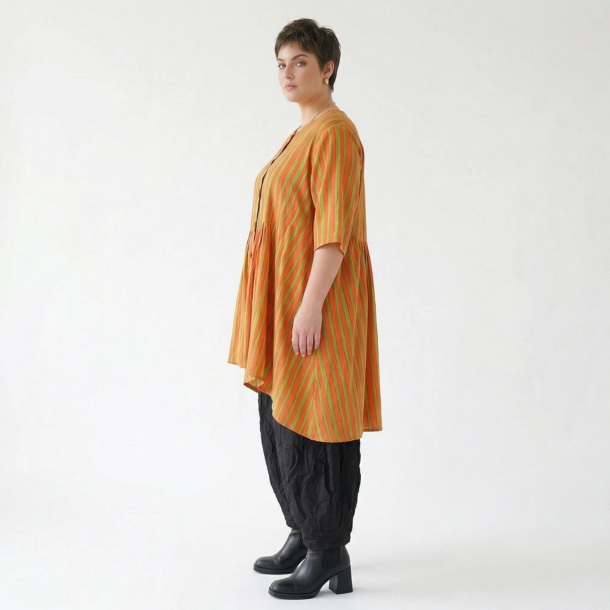 Stilvolle A-Form Bluse im Lagenlook mit luftigem Leinen Feeling und ausgefallenem Blockstreifen, Orange/Apfelgrün