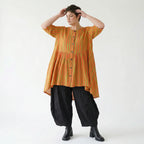Stilvolle A-Form Bluse im Lagenlook mit luftigem Leinen Feeling und ausgefallenem Blockstreifen, Orange/Apfelgrün