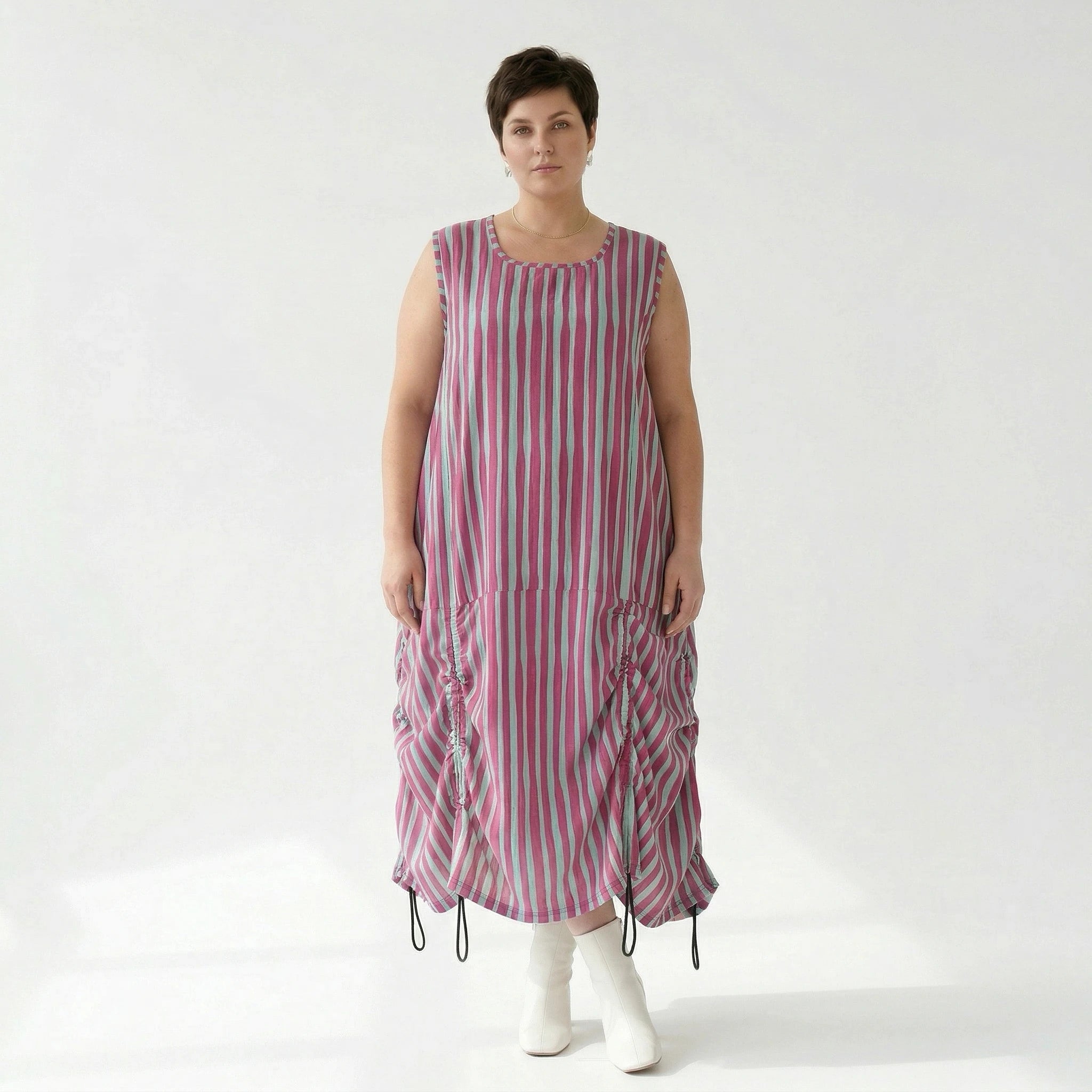 Luftiges Ballonkleid in lässigem Oversize Lagenlook mit raffiniertem Blockstreifenmuster, Fuchsia/Mint