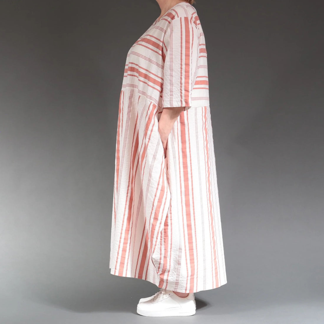  Ballonkleid von AKH Fashion aus Baumwolle, 1262.01926, Weiß-Apricot, Streifen, Ausgefallen