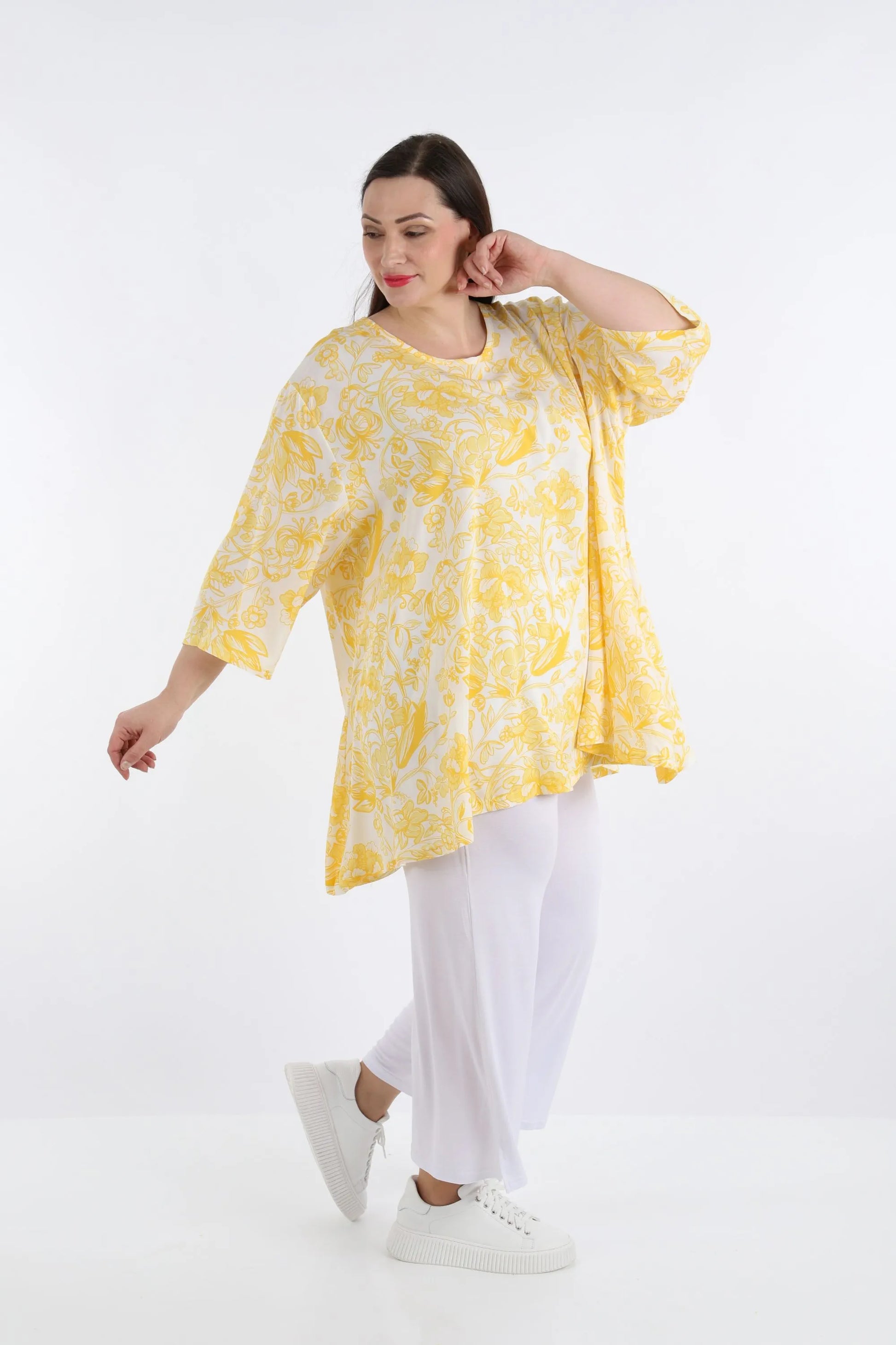  A-Form Bigshirt von AKH Fashion aus Viskose, 1278.00593, Gelb-Weiß, Blumen, Schick, Modern