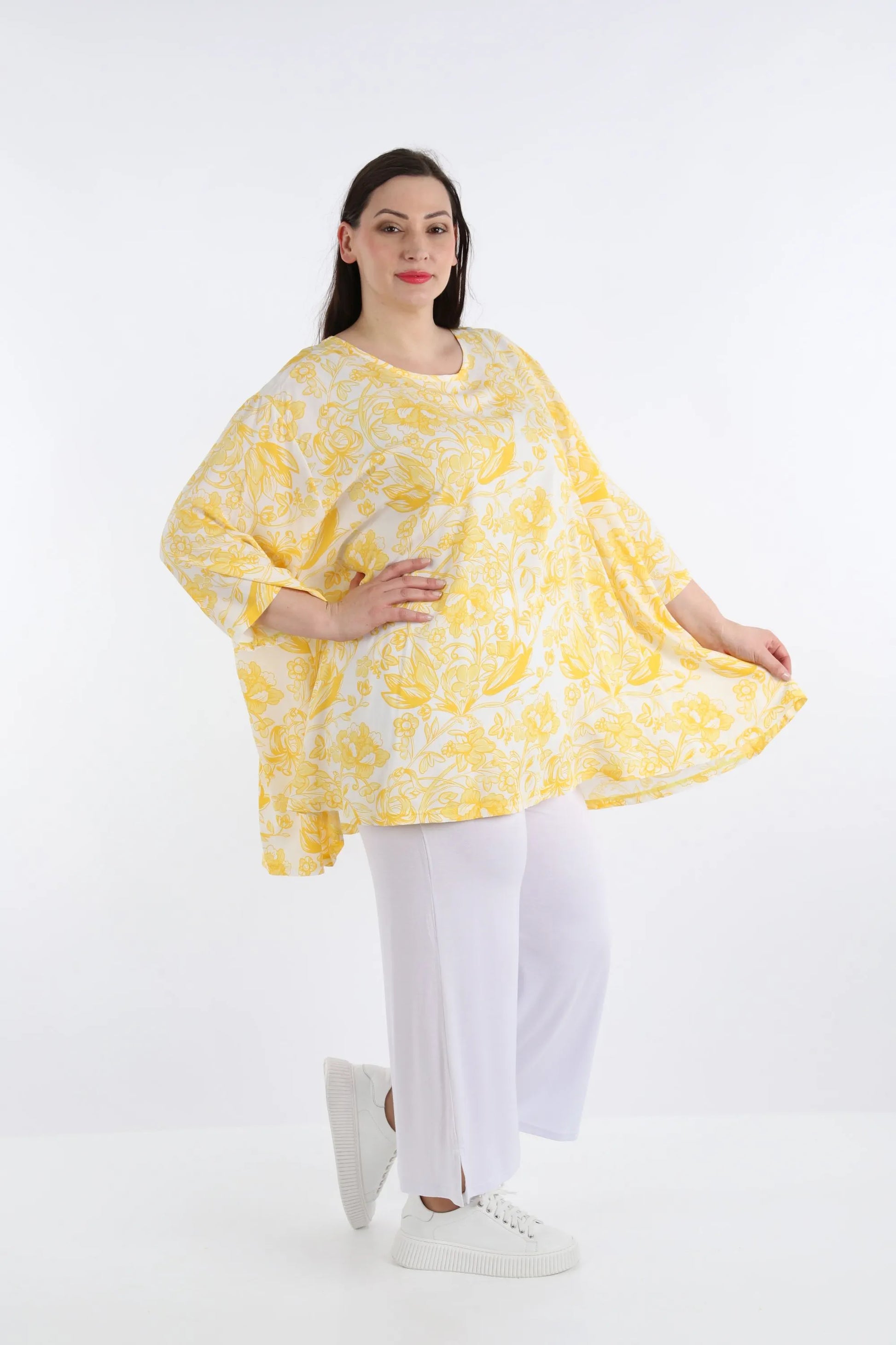  A-Form Bigshirt von AKH Fashion aus Viskose, 1278.00593, Gelb-Weiß, Blumen, Schick, Modern