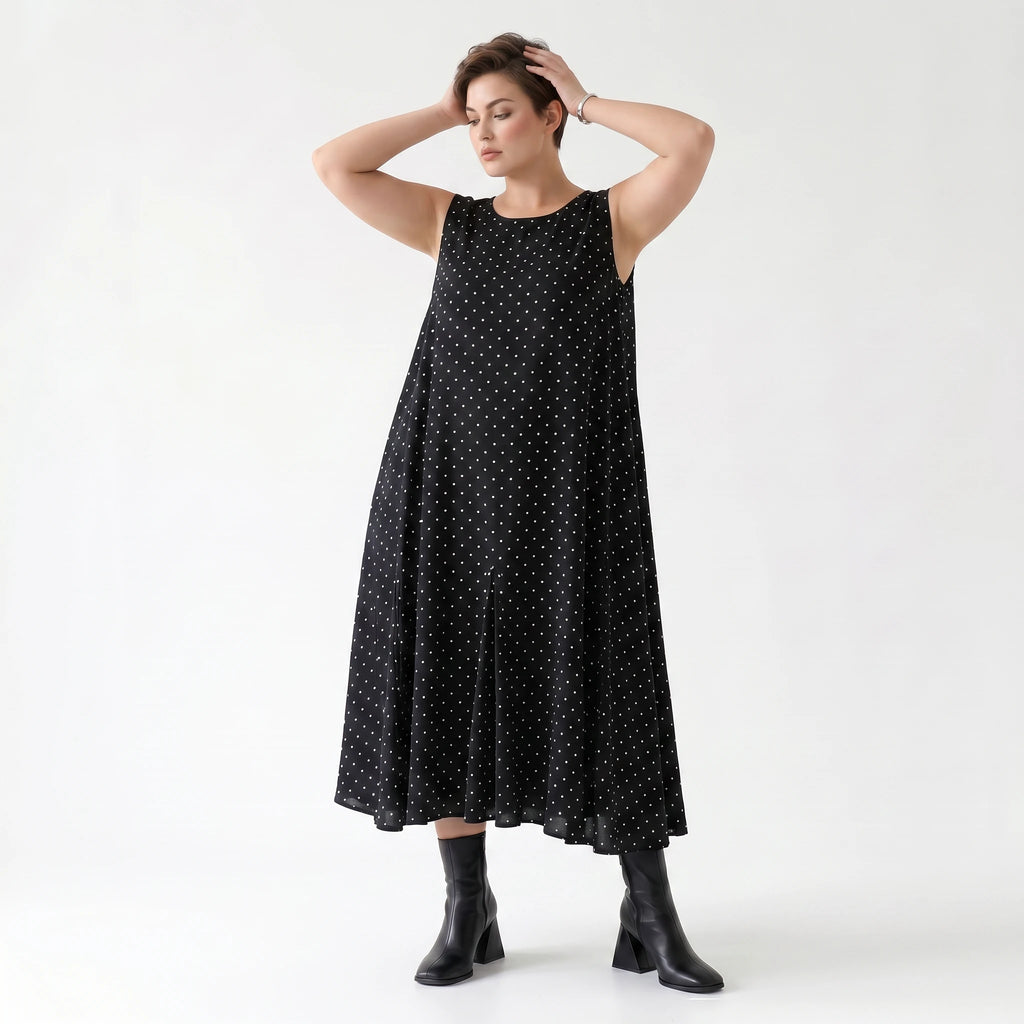 Luftiges Ballon Kleid aus fein leichter Popeline im ausgefallenen Lagenlook mit Punkten, Schwarz/Weiß