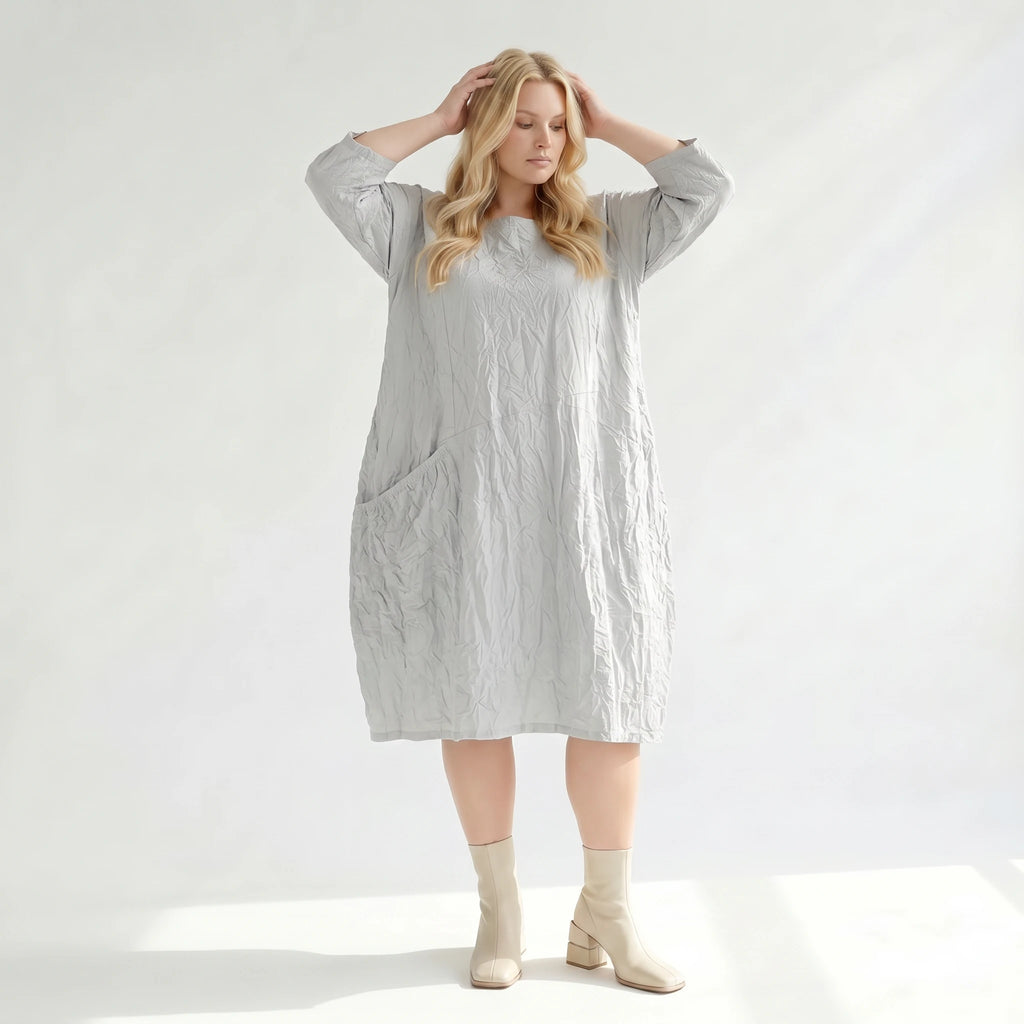 Ausgefallenes Oversize Ballon Kleid im luftigen Lagenlook mit stilvollem Crash Effekt, Grau