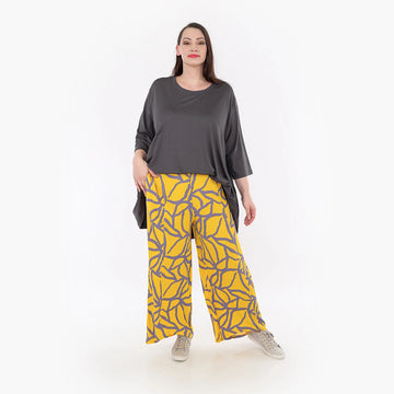  Lagenlook Hose in Gelb-Fliedergrau aus softer Viskose mit grafischem Muster für Oversize-Style