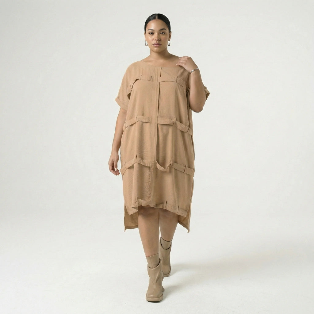  Bukezy Kleid in gerader Form, aus Baumwolle, 1654, Beige, Ausgefallen, Zeitlos, Schick