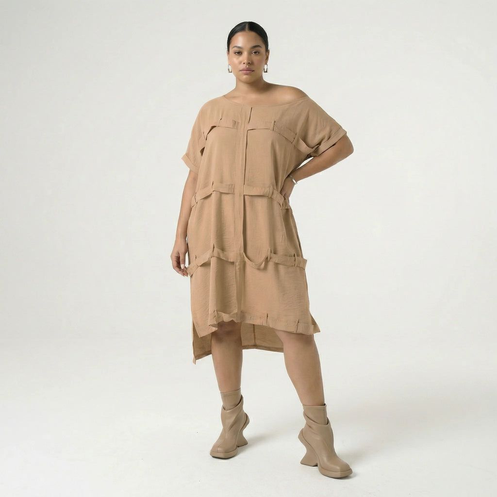  Bukezy Kleid in gerader Form, aus Baumwolle, 1654, Beige, Ausgefallen, Zeitlos, Schick