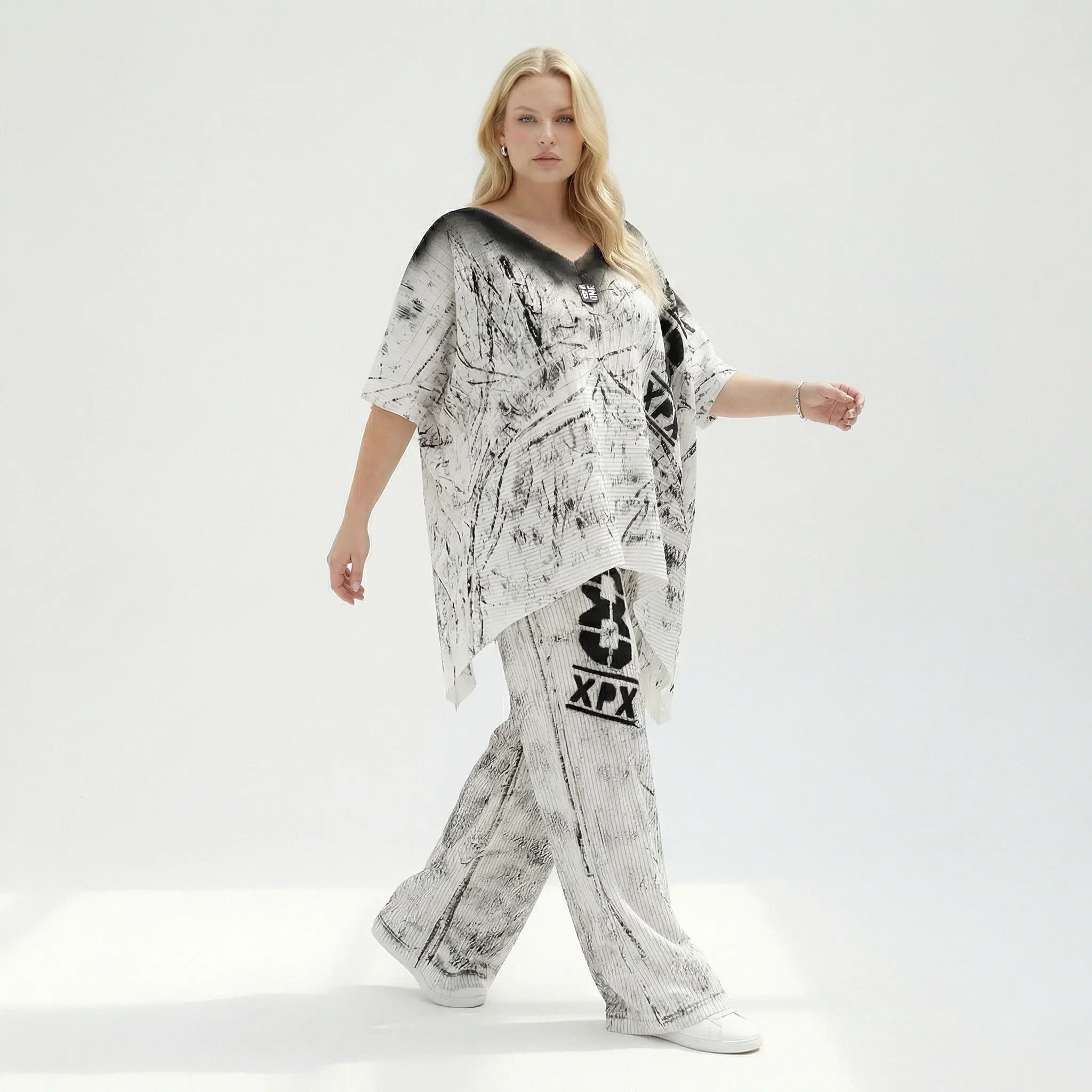 Damen 2-Teiler von B-ONE aus Jersey in Schwarz-Weiß – Shirt & Hose mit Print, luftig, EU 38 bis 48, Übergangslook, Oversize-Stil