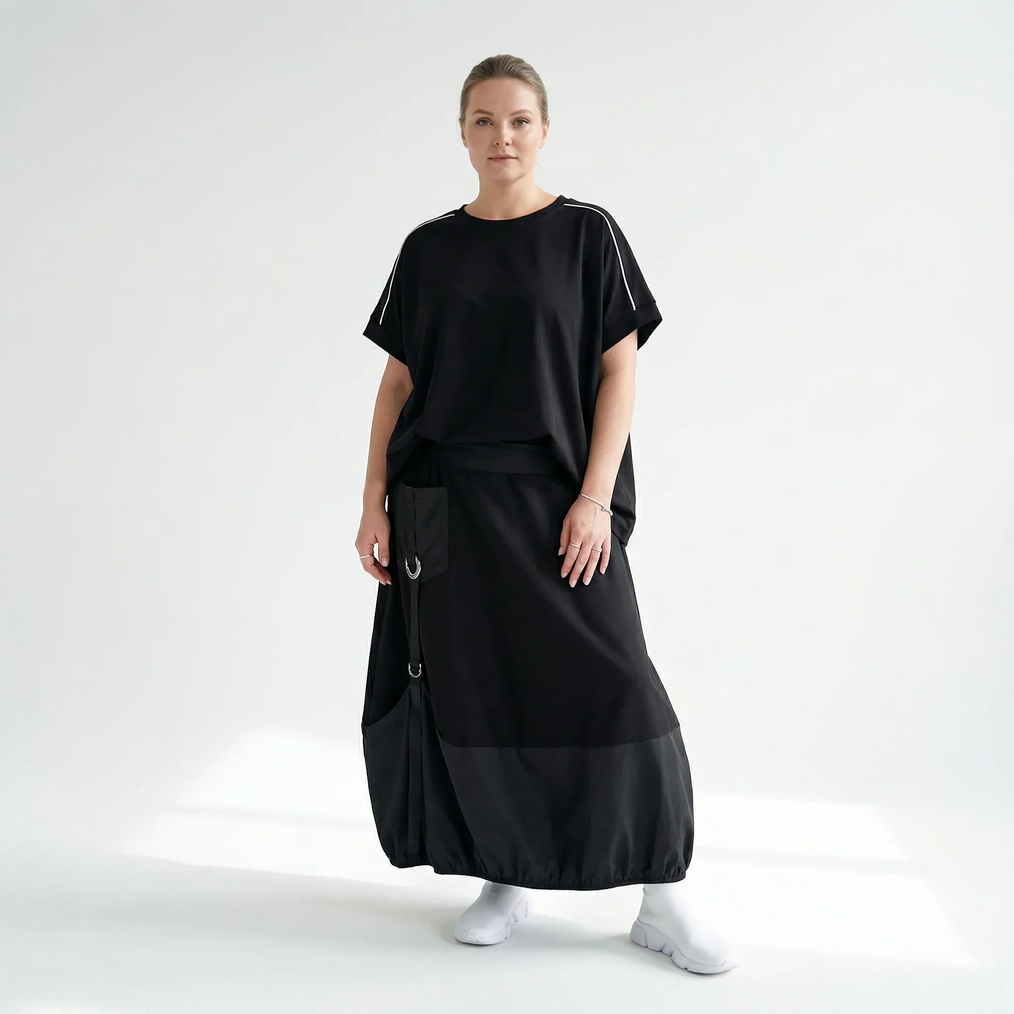 Oversize-Bluse Damen Maxlive Schwarz mit Paspel | EU 38 bis 62 | Lagenlook, Avantgarde, elastisch, Made in Turkey