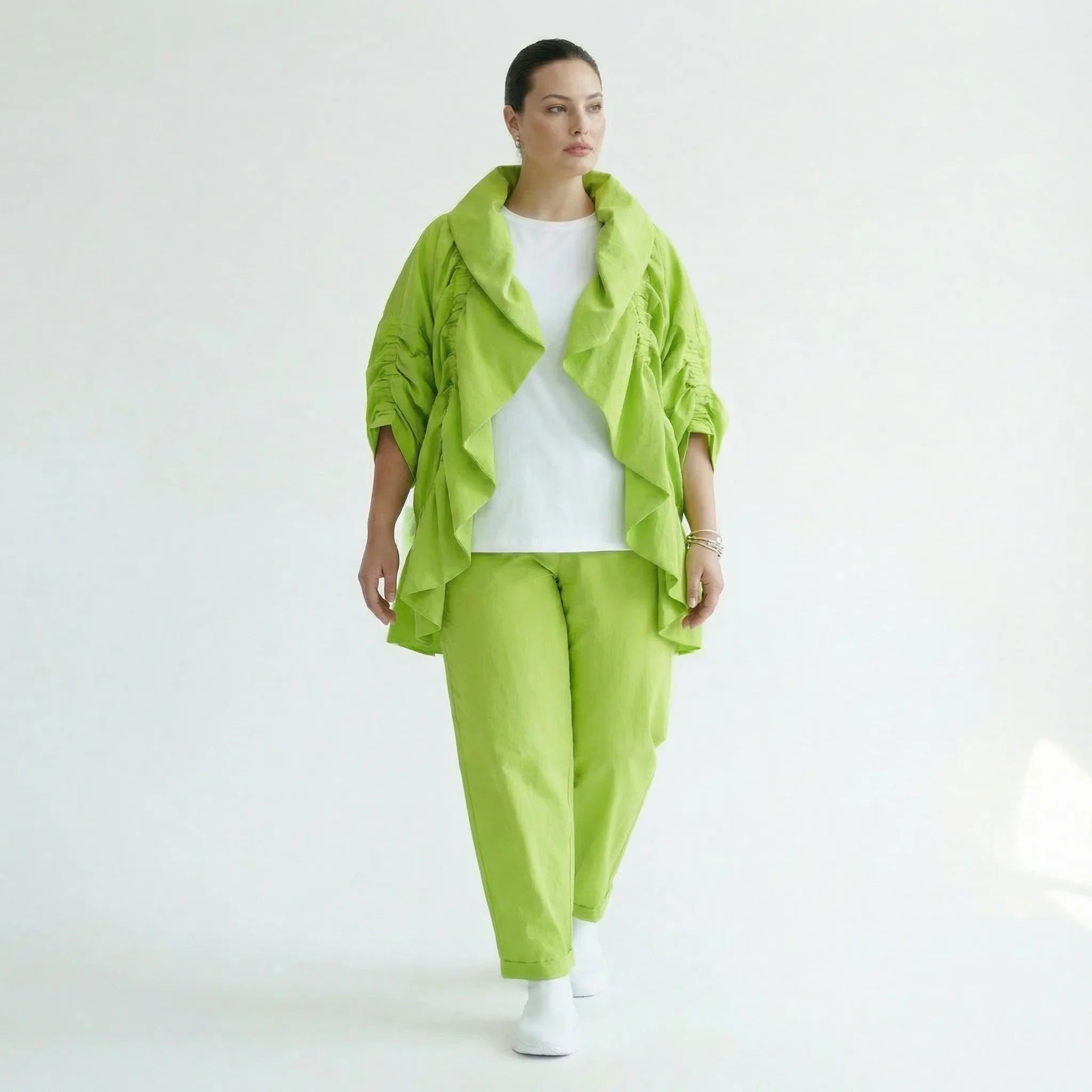 Cadrelli Damen Zweiteiler Neon-Limette – Jacke & Hose aus Viskose, EU 38/48, Oversize, Lagenlook, Made in Turkey